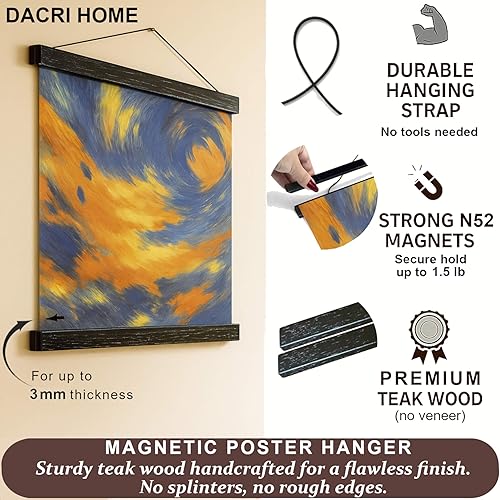 Miniatura 6 de Dacri Home - Colgador magnético para marcos de pósteres. Marco de madera fácil de colgar. Amplia compatibilidad con pasadores de madera para colgar