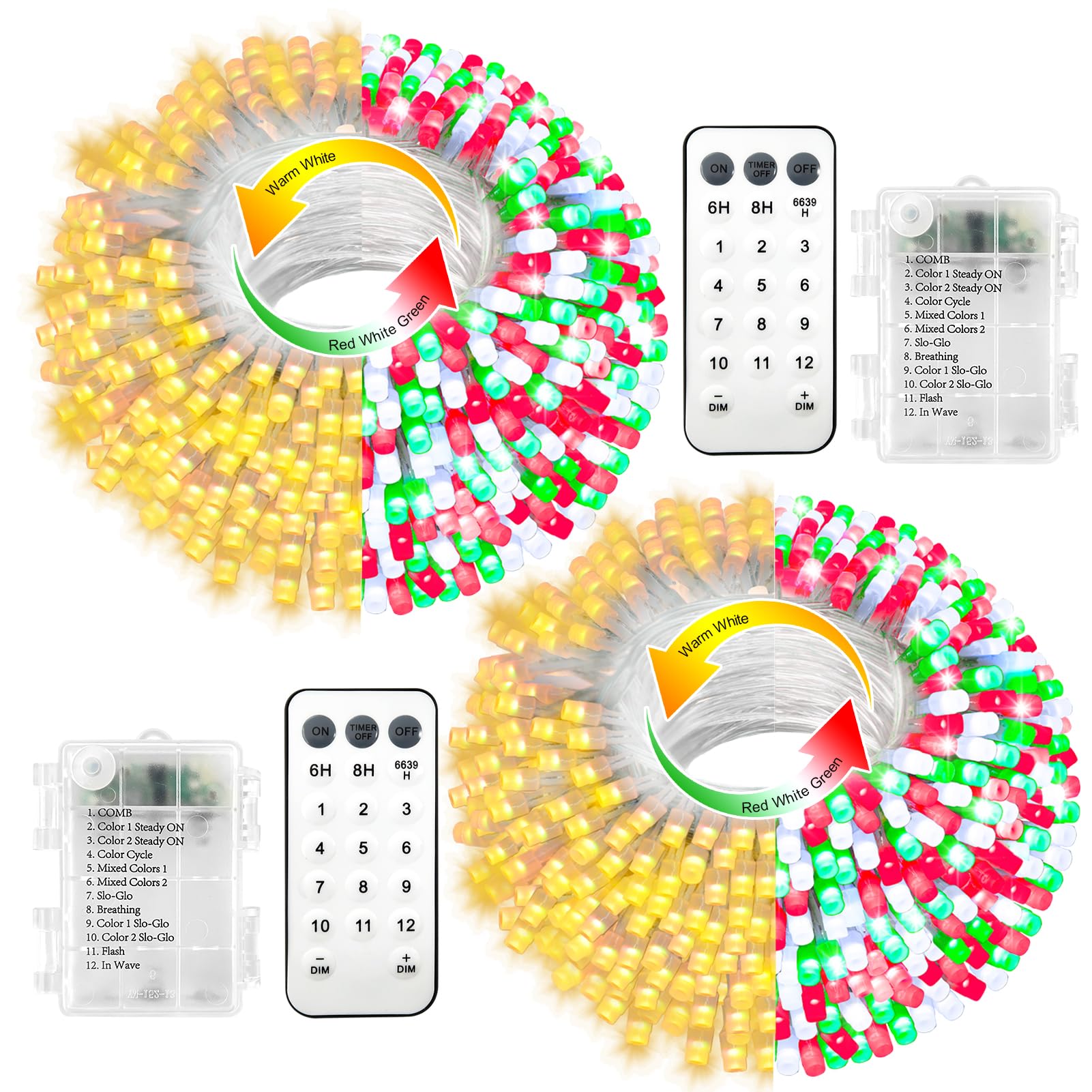 CCILAND 2 Pack Red White Green Christmas Tree Lights Battery Powered, 20M 200 LED Dual Color Changing String Lights with Remote Timer for Indoor Outdoor Xmas Home Decor โ image 1