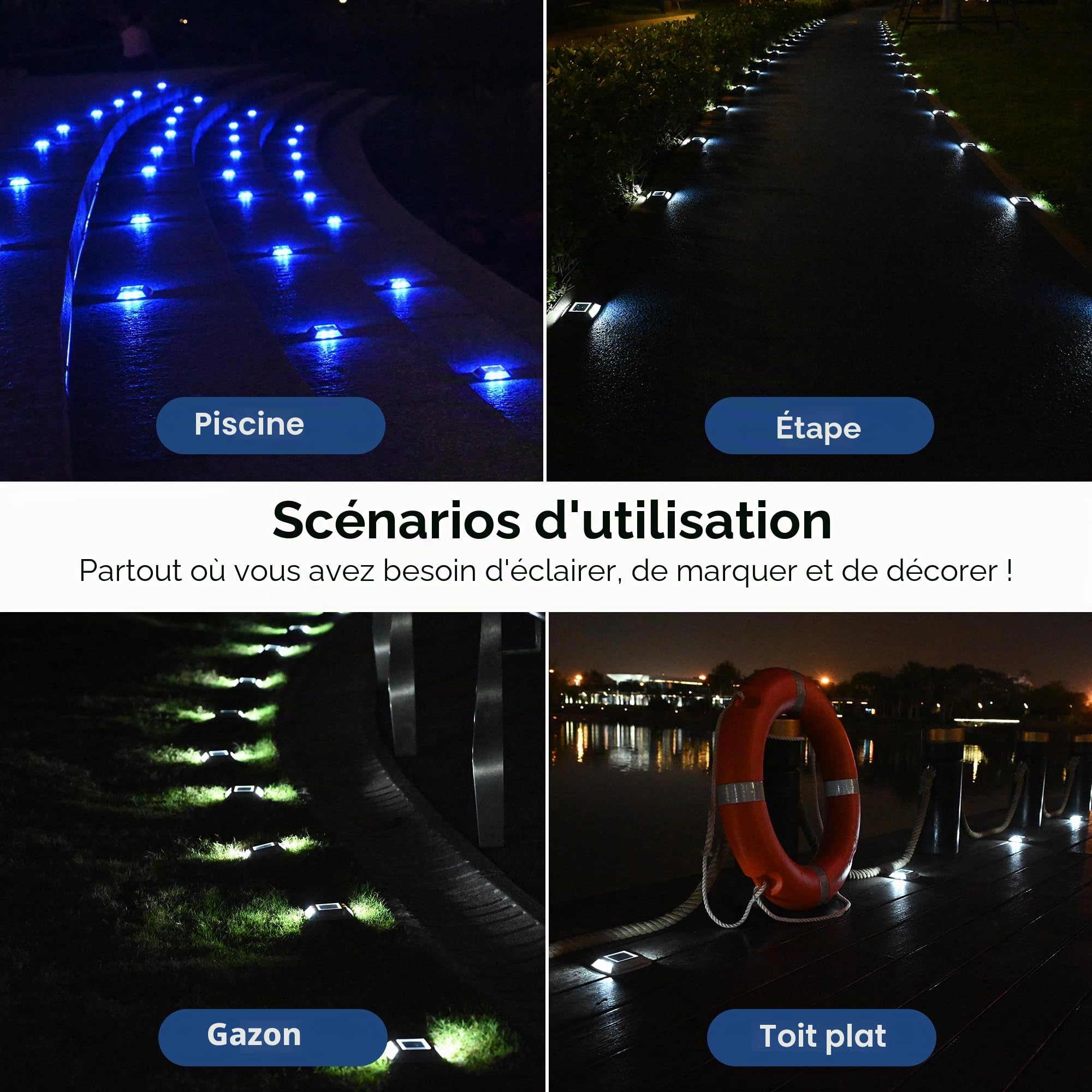 Spot Solaire Exterieur Puissant IP68 Étanche Éclairage Escalier Exterieur Bleu Balise Solaire Jardin 24LM 6 Pièces