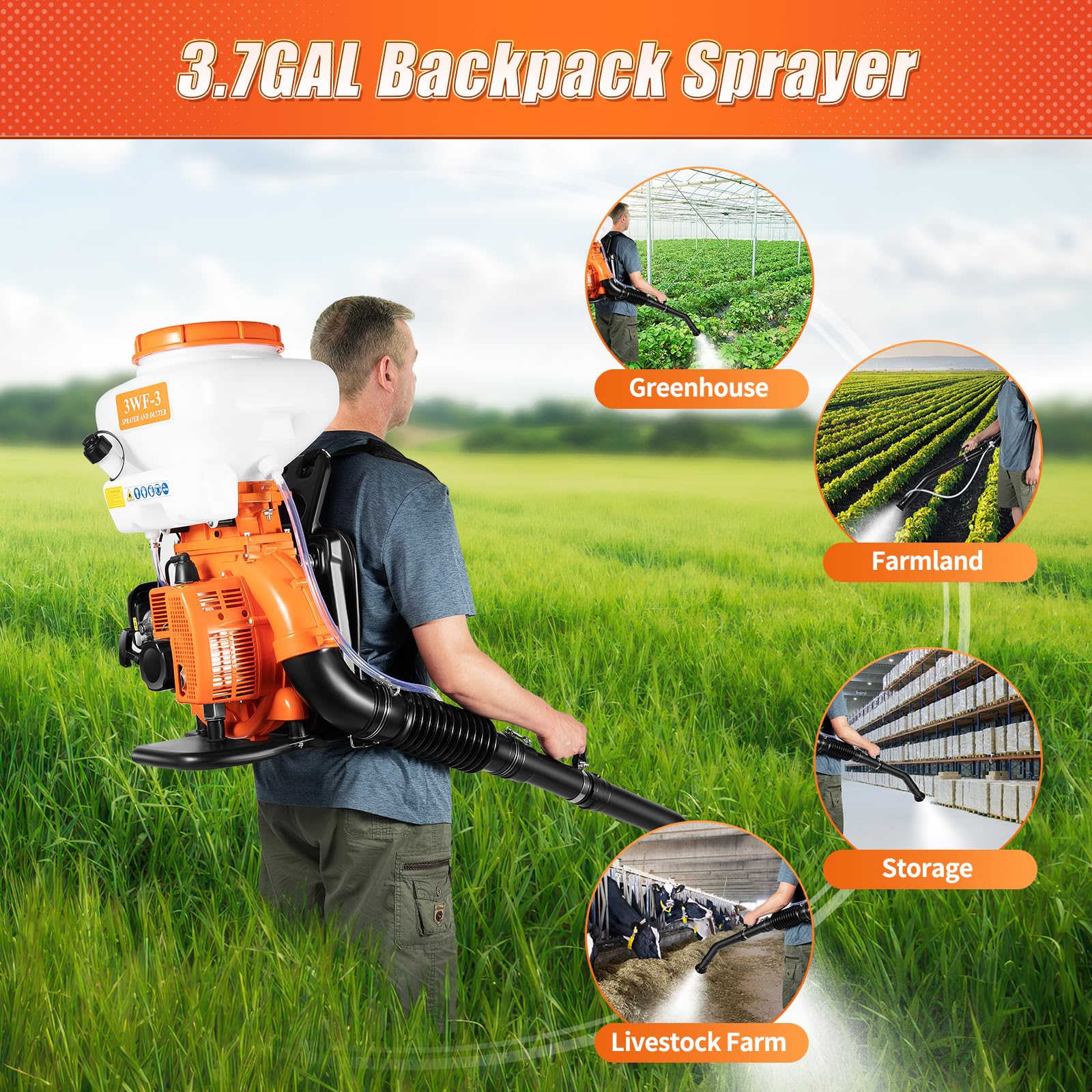 Pulverizador de mochila de 14 l, 2,13 kW, motor de gasolina de 2 tiempos, alcance de 12 m, para agricultura, bienestar animal