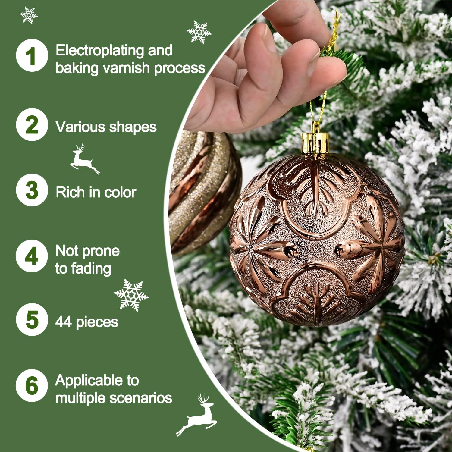 Christmas Ball Ornaments Set, 44ct 80mm Bronze Copper Gold Assorted Xmas Tree Ball Ornaments, Shatterproof Brown Christmas Tree Hanging Ornaments for Xmas Decoration - Image 6