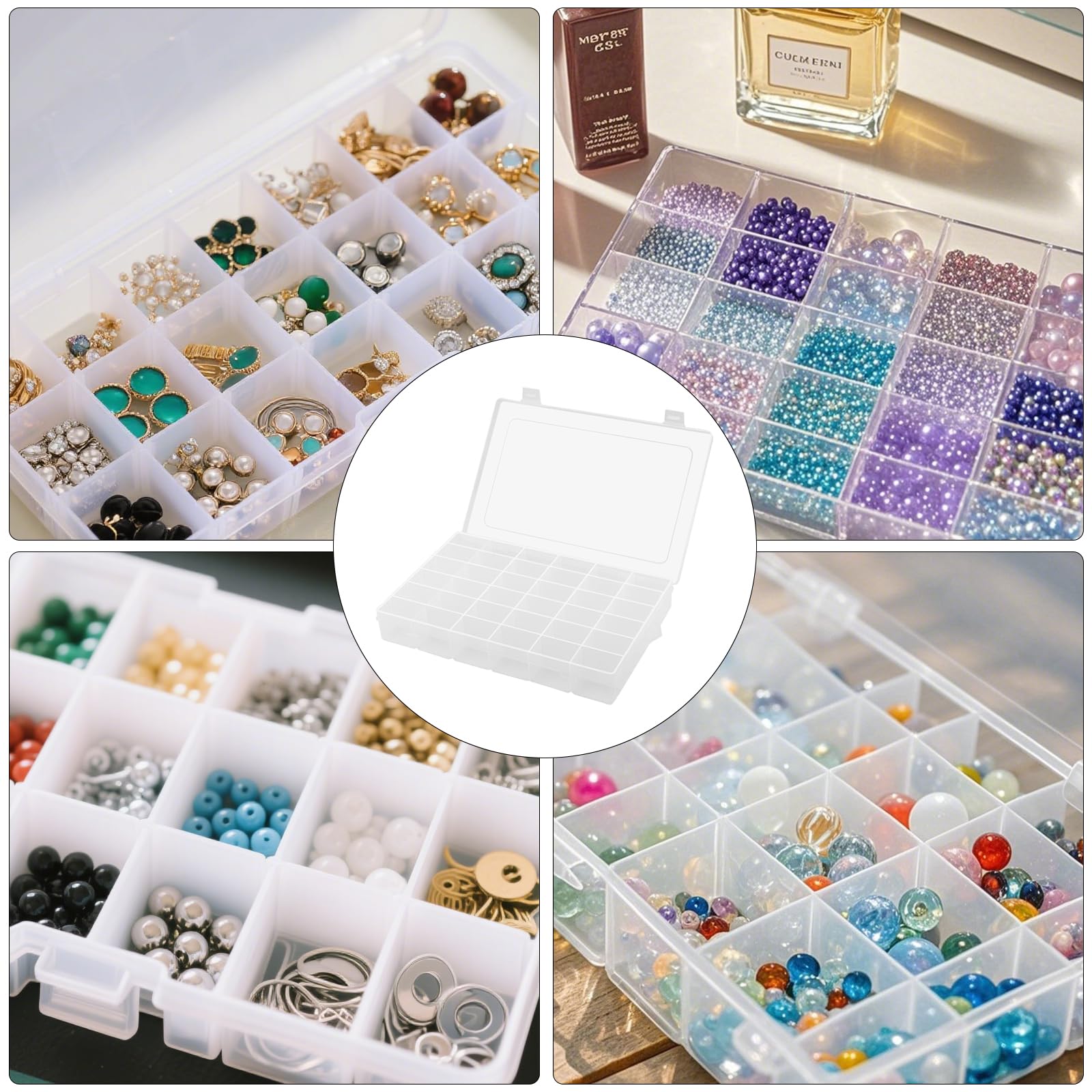 5 Scatole Organizer 36 Scomparti Regolabili in Plastica Trasparente, Contenitore per Perline, Gioielli e Piccole Parti, 27,5 x 17,5 x 4,2 cm