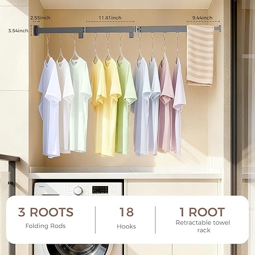 Miniatura 7 de Estante de secado de ropa plegable que ahorra espacio, colgador de ropa de pared con 18 ganchos para uso en interiores y exteriores en lavandería