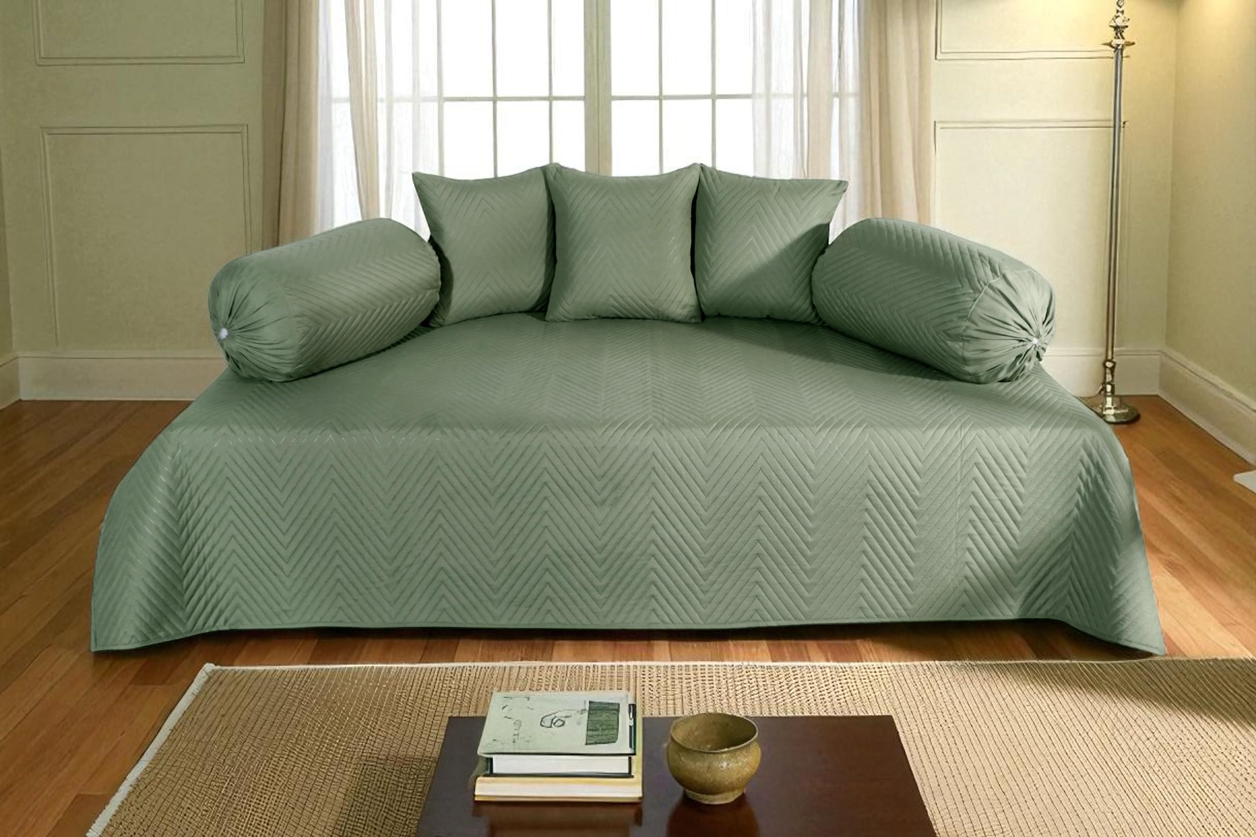RD TREND® Ultrasonic Quilted 300TC | Glace Cotton Diwan Set Pillows 3 with Bolster 2, Bedsheet (152x228 cm), 2 Bolster Covers (40x78 cm), 3 Cushion Covers (40x40 cm). (Pine Green)-picture-10
