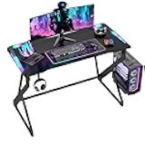 Gaming Desk with LED Lights, 40 Inch Computer Desk Z Shaped Gamer Workstation, Gaming Table with Carbon Fiber Surface, PC Gamer Desk, Black