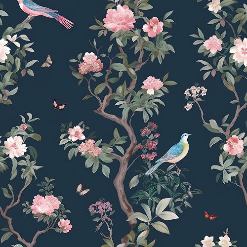 HENNOR Blue Retro Bird Peel and Stick Wallpaper 17.5" x 118"