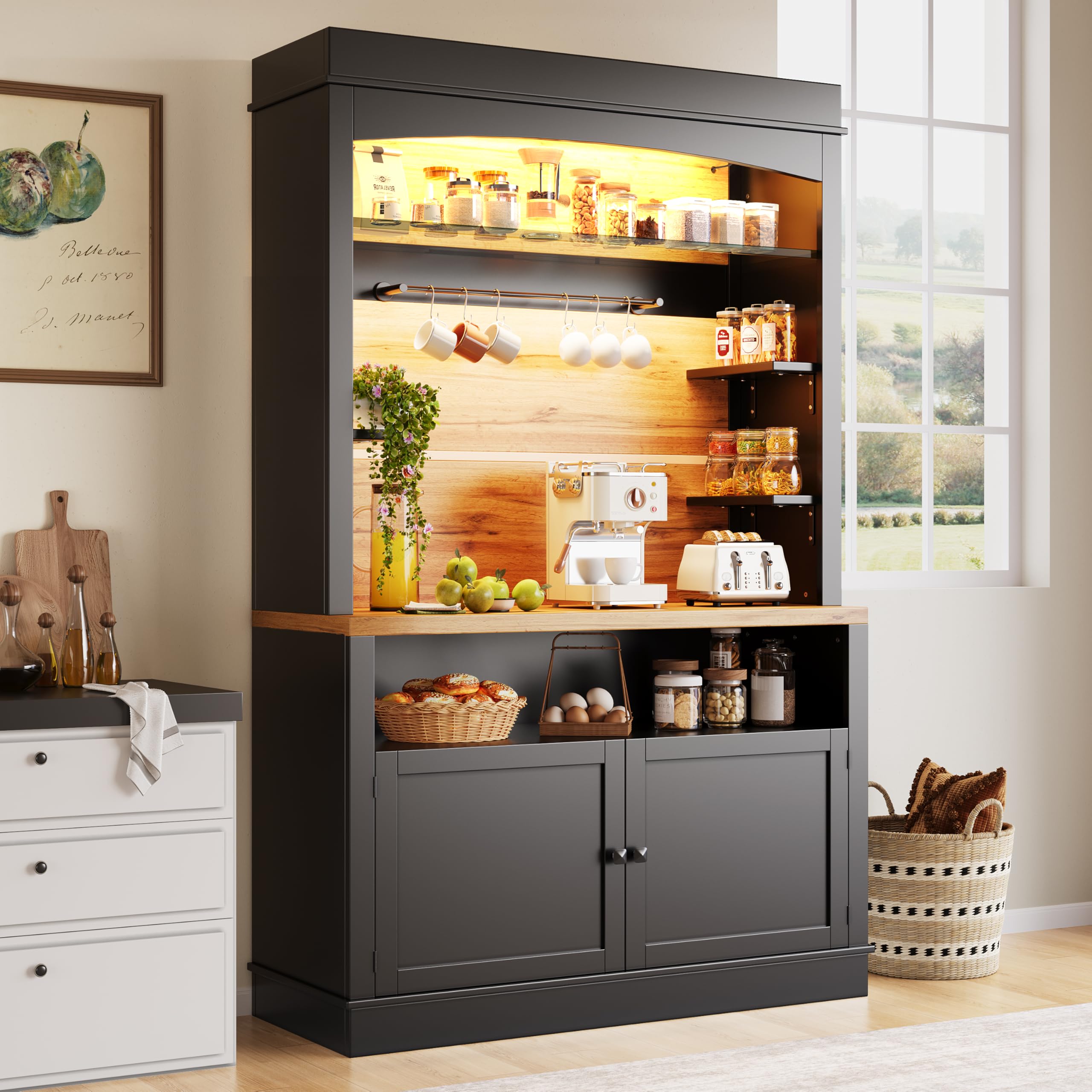 Kebnor Mobile da cucina, mobile da cucina alto (107x43x184 cm), vetrina, credenza, credenza con illuminazione a LED, ripiano aperto, nero