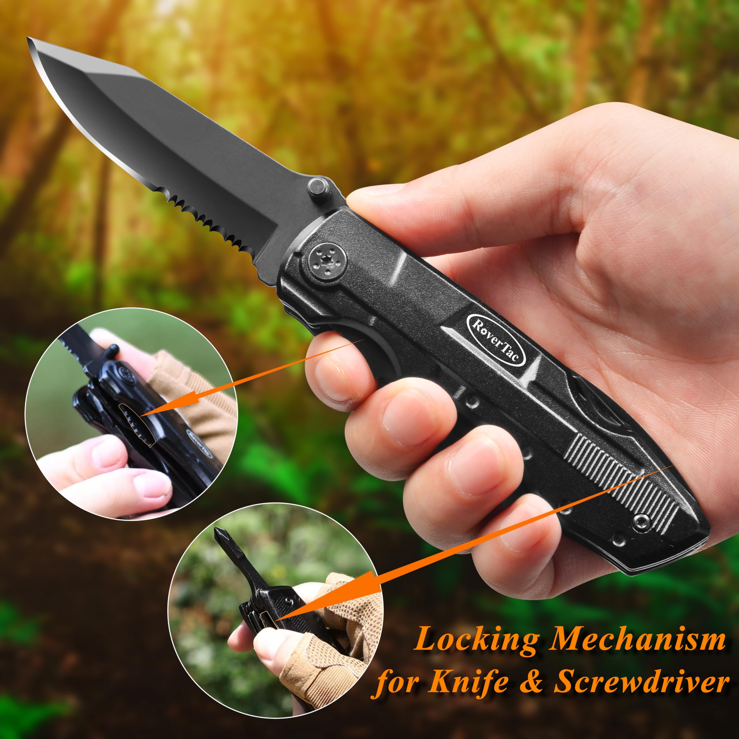 RoverTac Multitool scyzoryk dla mężczyzn, prezent: składany nóż survivalowy, nóż kempingowy, szczypce, otwieracz do puszek, zestaw 9 śrubokrętów, z zamkiem zabezpieczającym, nylonowa pochwa, prezent