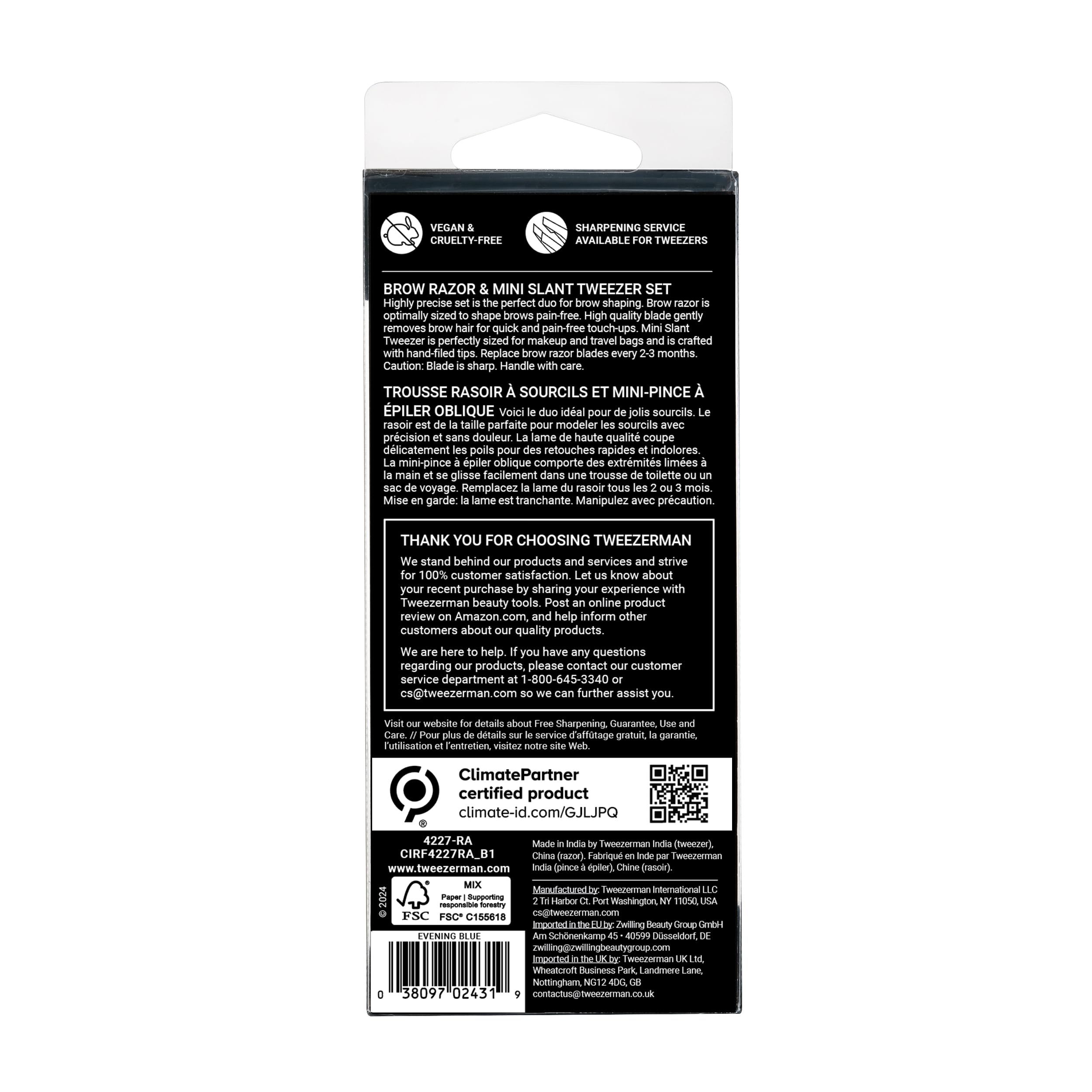 Tweezerman Exclusiva maquinilla de afeitar para cejas y mini pinzas inclinadas color azul noche
