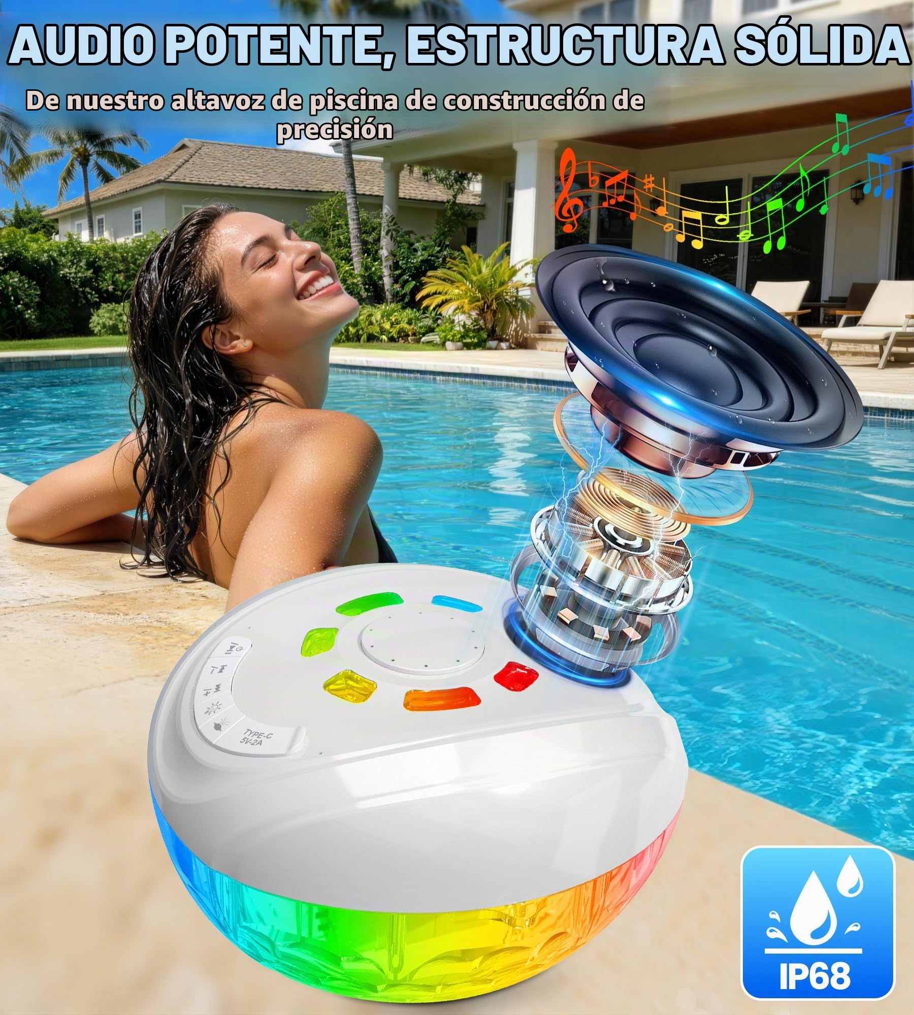Luxfero 3 en 1 Altavoz Piscina Bluetooth con Fuente & Luces,Altavoz Bluetooth Flotante para Piscina,Altavoces de Impermeable IP68,BT5.4, 360° Sonido Estéreo Altavoz Bluetooth Potente,Fuentes Piscina