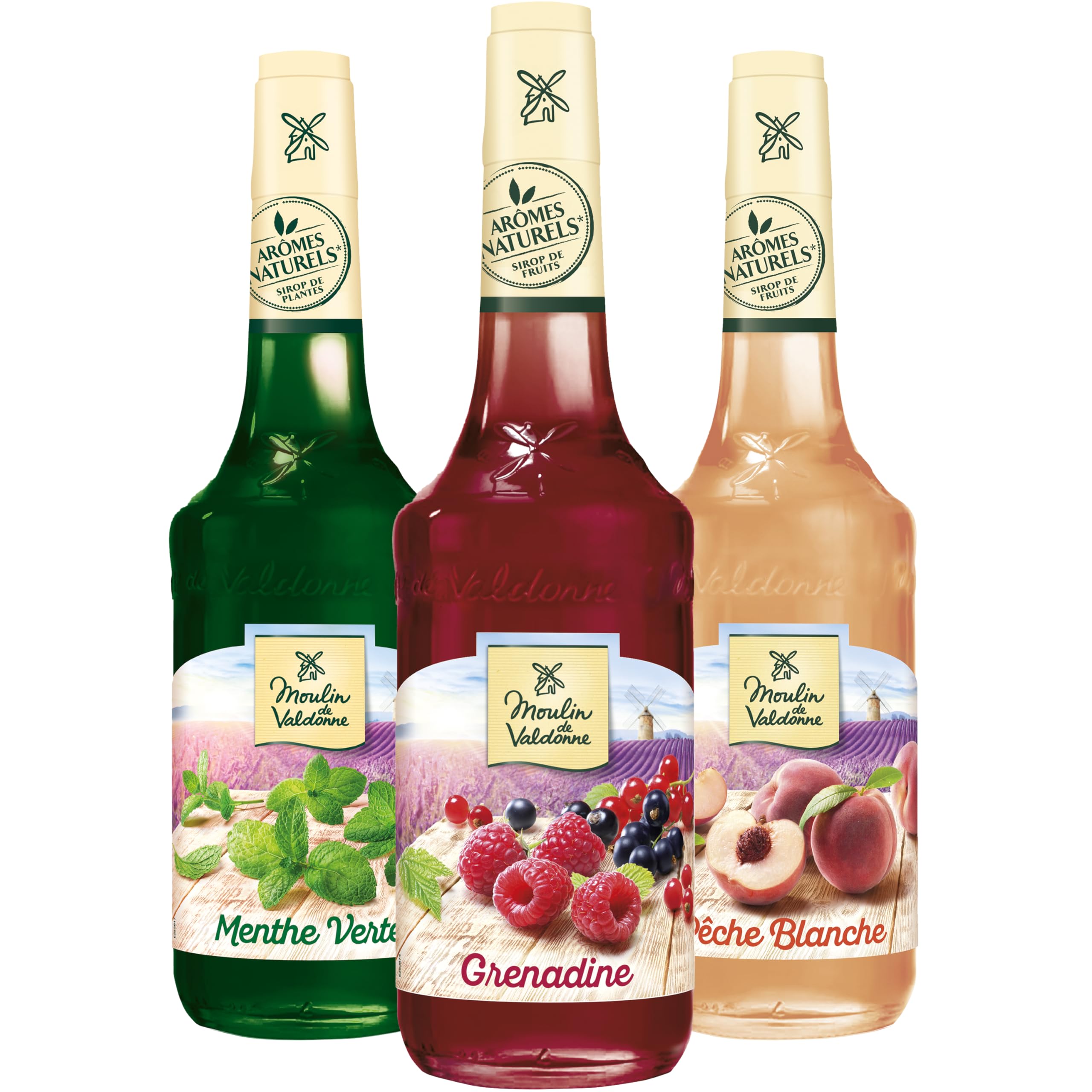 Moulin de Valdonne - Assortiment de Sirop de Grenadine, de sirop de Menthe et de sirop de Pêche Blanche pour boissons rafraîchissantes, cocktail avec ou sans alcool, 3 bouteilles 70 cl