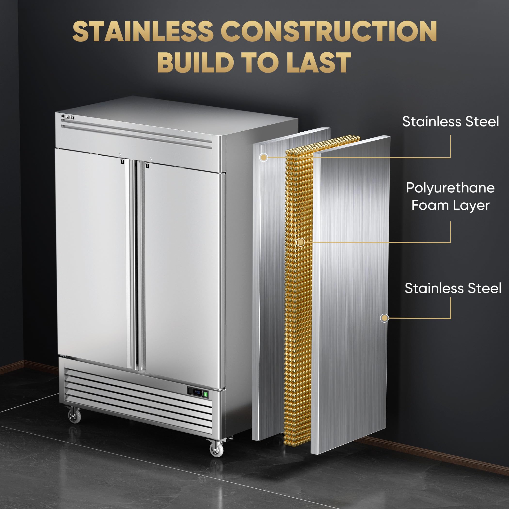 Coolski 54"W Commercial Freezer, -13℉ ~-5℉, 49 Cu.Ft 2 Door Reach-In Stainless Steel Upright Freezer for Restaurant, Cafe, Shop, Business, 8 Adjustable Shelves on Fridge.com