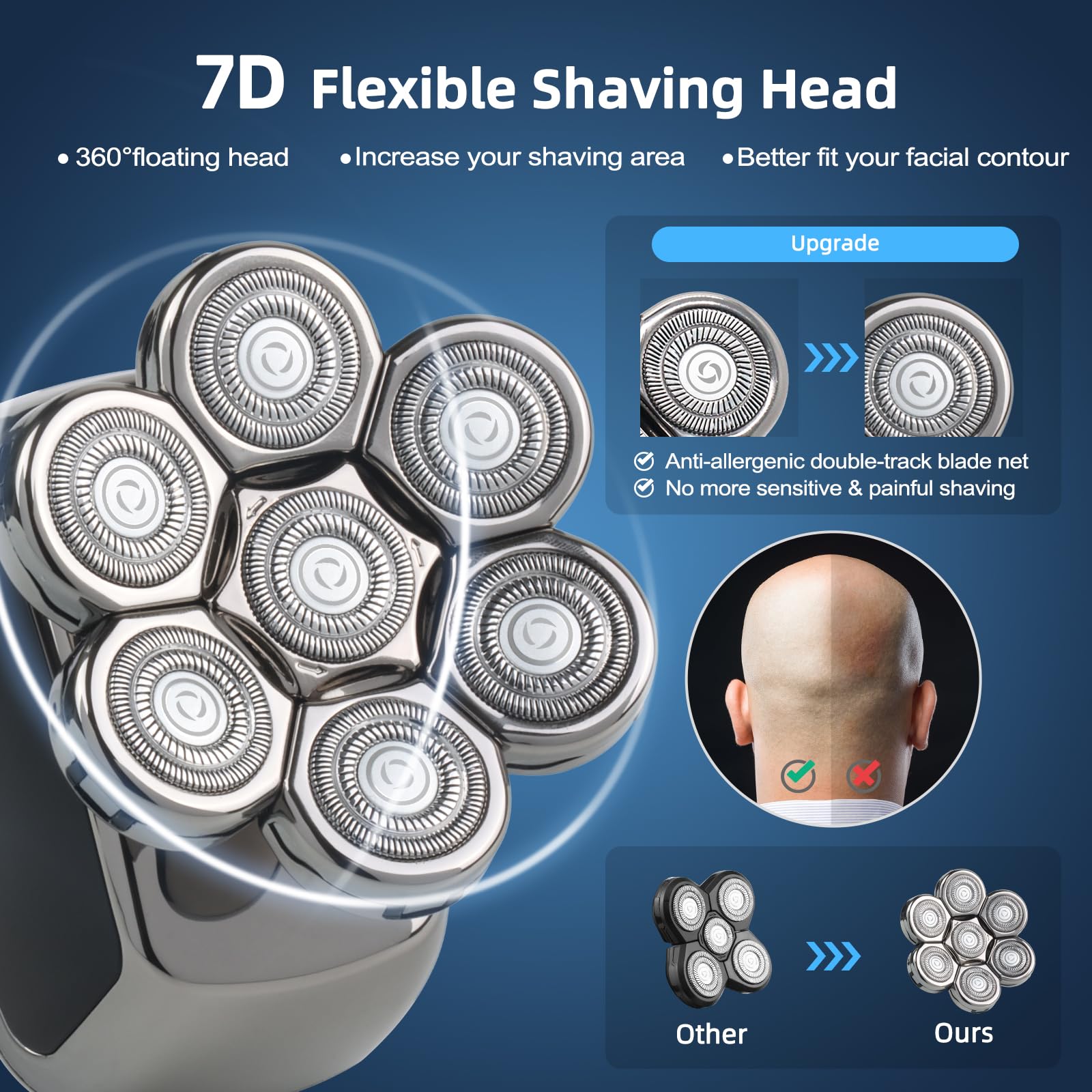 Rasoio Testa Calva, Rasoio Elettrico Barba 6 in 1 Impermeabile con 7 Testine Rotanti, Rasoio per Testa Bagnato e Asciutto, LED Display e ricarica wireless