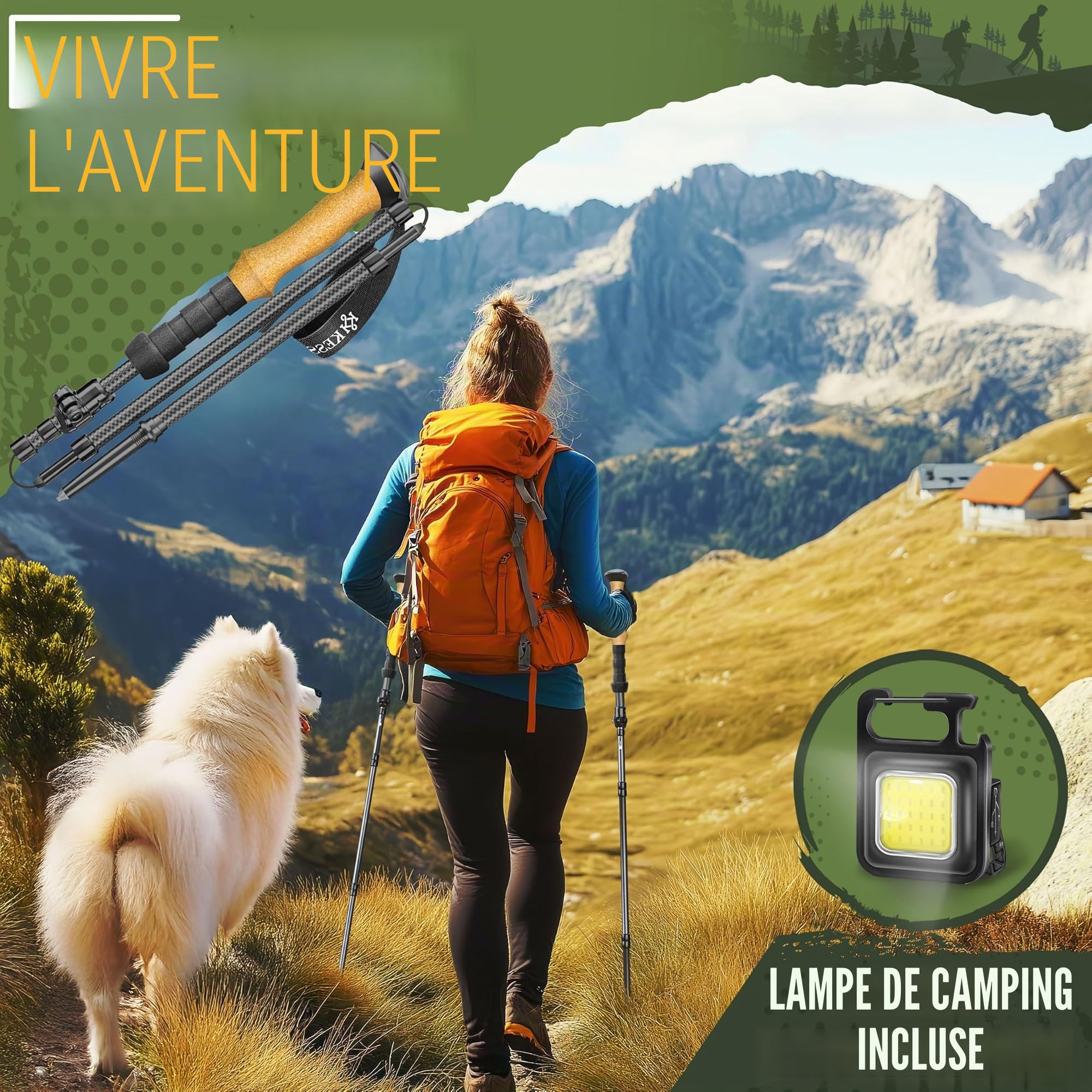 KESSER® Bâtons de randonnée pliables/télescopiques | Bâtons de marche nordique pour homme et femme | Bâtons de randonnée en aluminium/carbone avec poignée en liège 105-120 cm | Bâtons de trekking pour