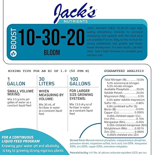 Miniatura 2 de Jack's Classic Nutrients 10-30-20 Bloom Fertilizante soluble en agua para el crecimiento de raíces y el desarrollo de frutas en programas de