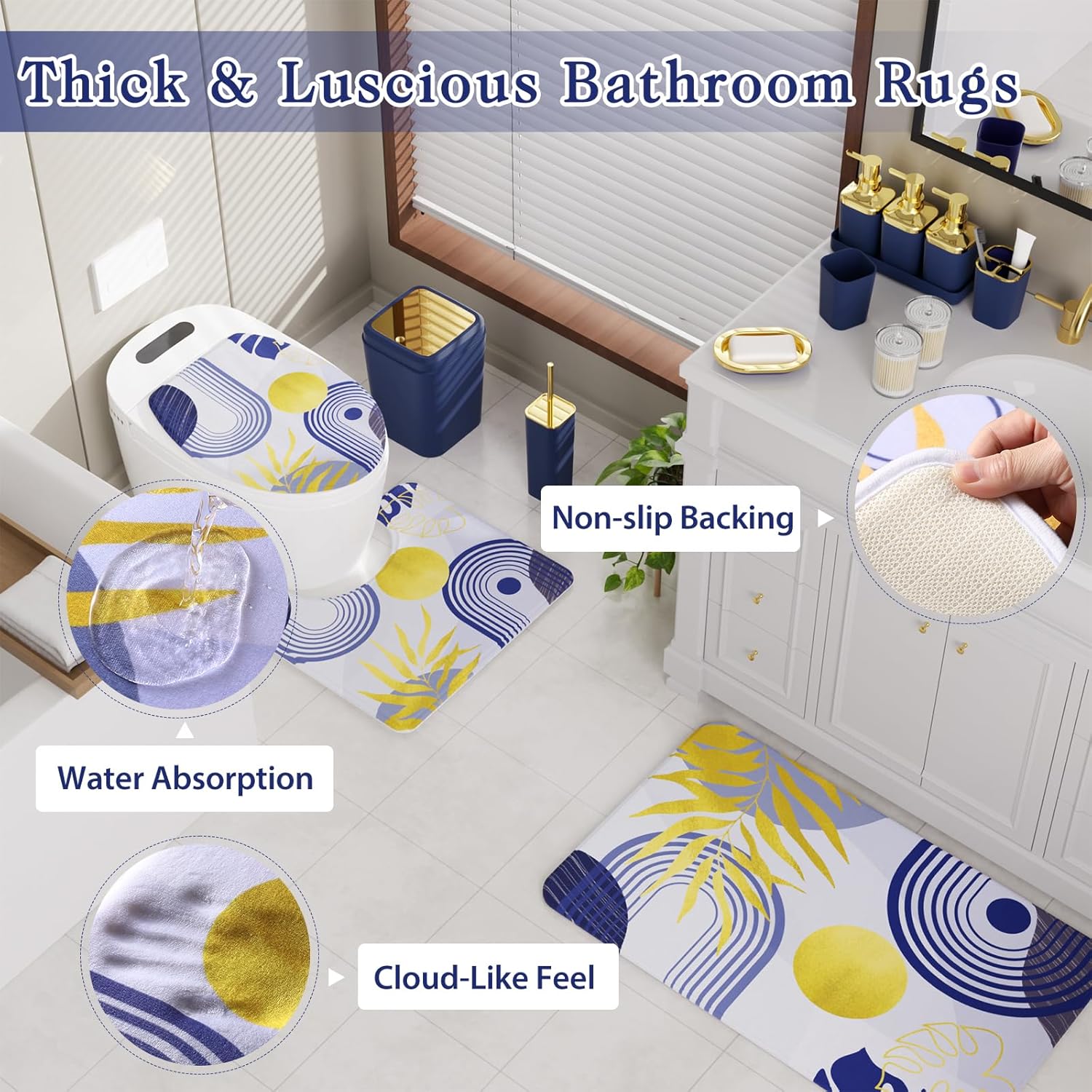 Bathroom Accessories Set - 27PC Bathroom Sets with Shower Curtain and Rugs, Blue Bathroom Set, Navy Blue Bathroom Accessory Set with Trash Can, Toilet Brush & 3 PC Soap Dispensers