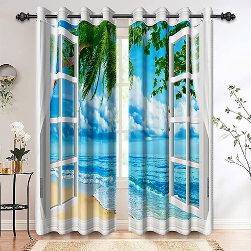 Miniatura 8 de Renaiss Cortinas opacas para ventana de paisaje de playa tropical, para dormitorio, paisaje náutico, para sala de estar, 53 pulgadas de ancho x 84
