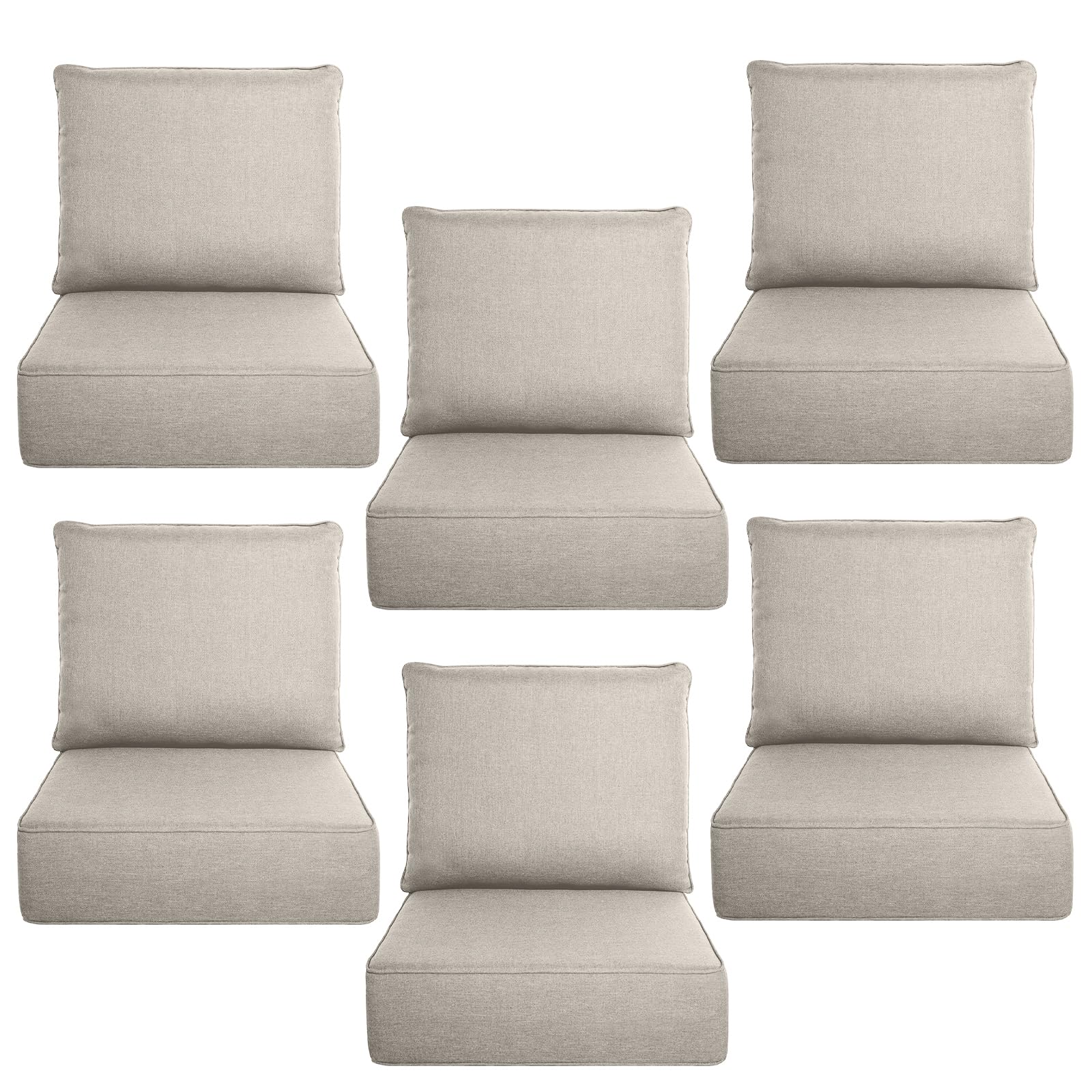 Luxury 6" Thick Outdoor Cushion Set 6 - 22x24 Patio Furniture Cushions with 28D High-Density Foam, Water-Resistant &amp; Fade-Resistant Fabric, Removable Covers for Patio Furniture Sofa Couch -Beige