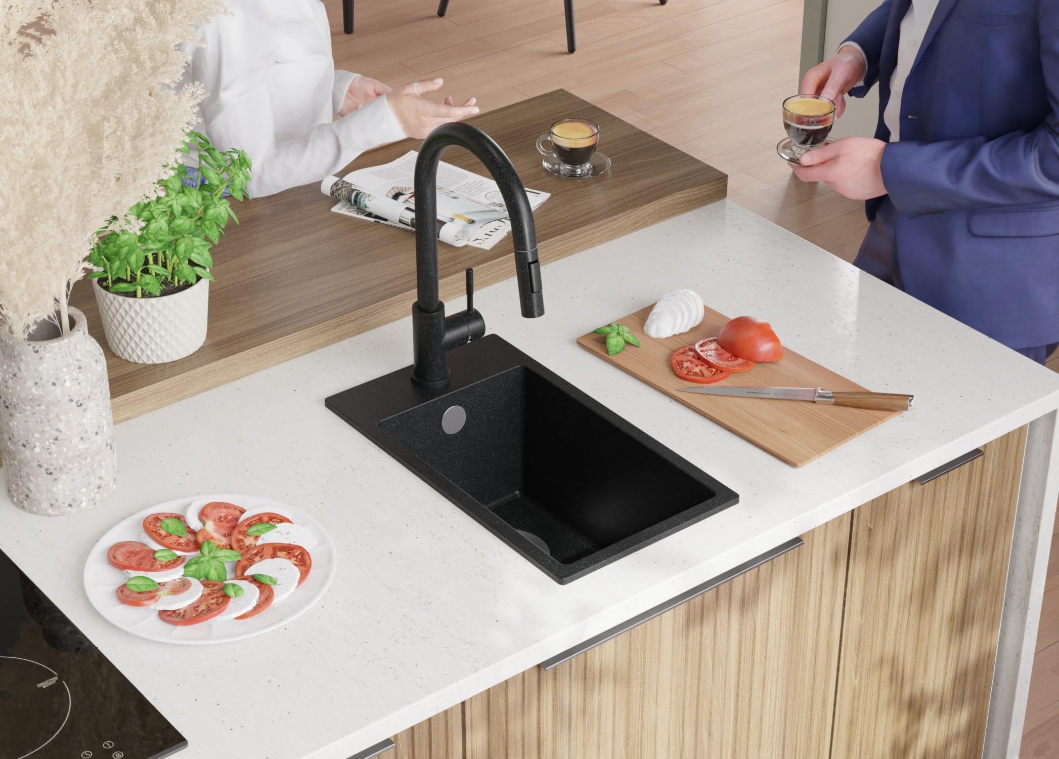 PRIMAGRAN Fregadero Cocina Grafito - Riga, 28x50cm | Granito 1 Seno + Sifón, sobre Encimera al Mueble 30cm (S003)
