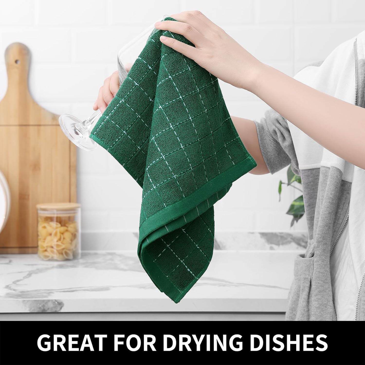 Homaxy Kitchen Towels and Dishcloths Set, 12 x 12 and 13 x 28 Inches, Set of 12 Bulk Cotton Terry Kitchen Towels Set, Checkered Designed, Soft and Super Absorbent Dish Towels, Dark Green - Image 5