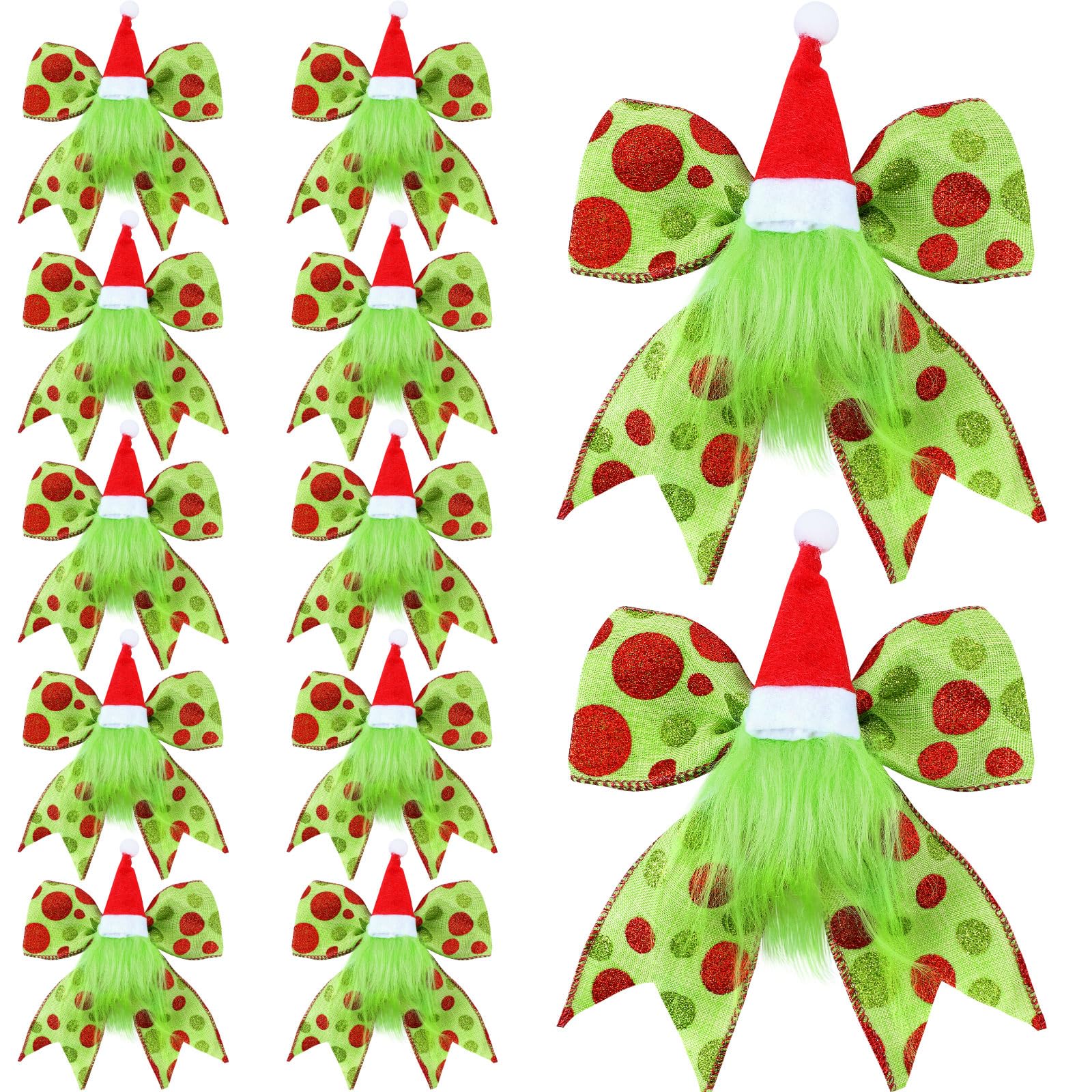 Daifunli 12 Pcs Red Green Christmas Bows Decoration 6 Inch Large Christmas Tree Wreath Bows with Santa Hat and Gnome Polka Dot Bows Ribbons Gift Bows Glitter Bows for Xmas DIY Crafts Party Ornaments