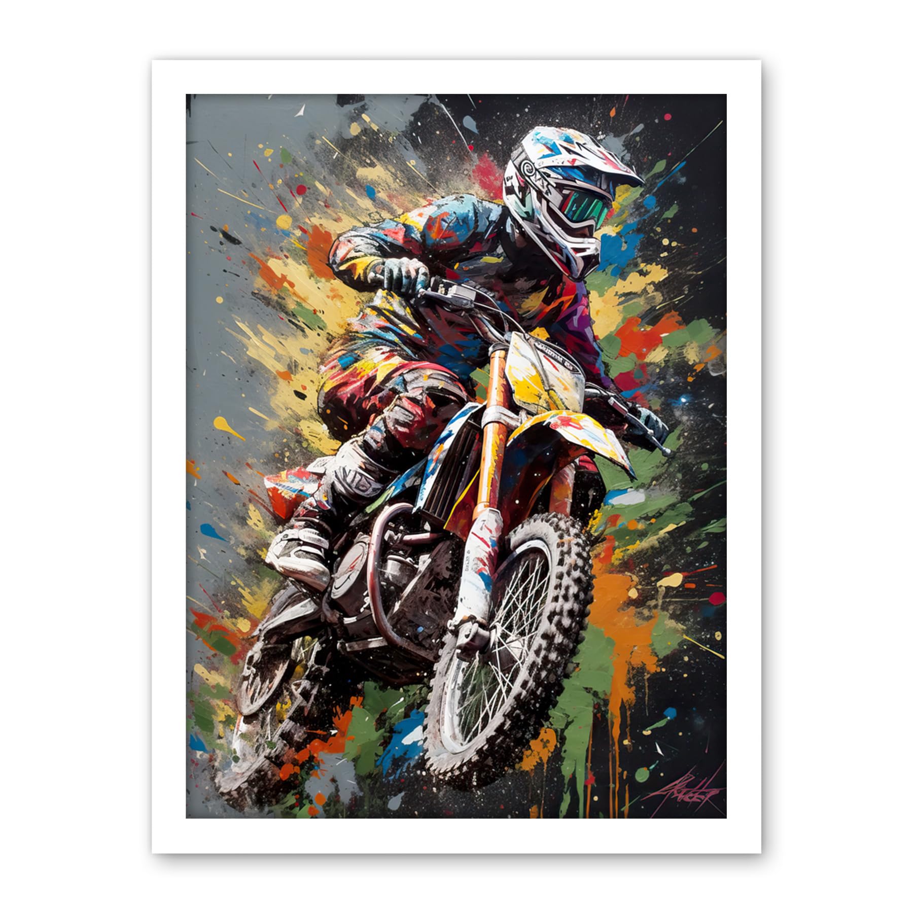 Artery8 Dirt Bike Sport Splatter Paint Motocross Rider Artwork Framed Wall Art Print 18X24 Inch