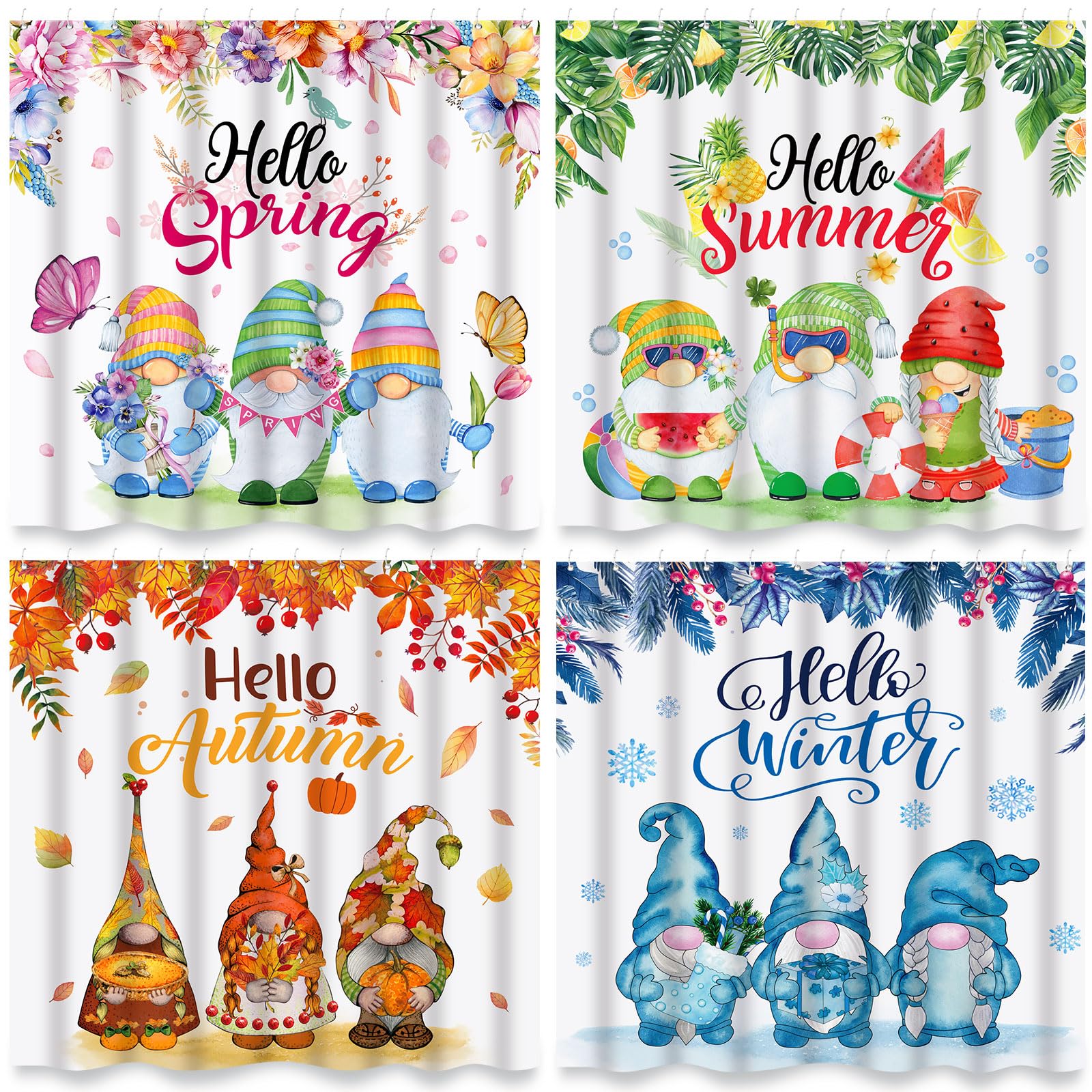 Preboun 4 PCS Spring Gnomes Shower Curtains Pack - Seasonal Waterproof Fabric Bathroom Curtains with Hooks for Summer Fall Winter Restroom Decoration,