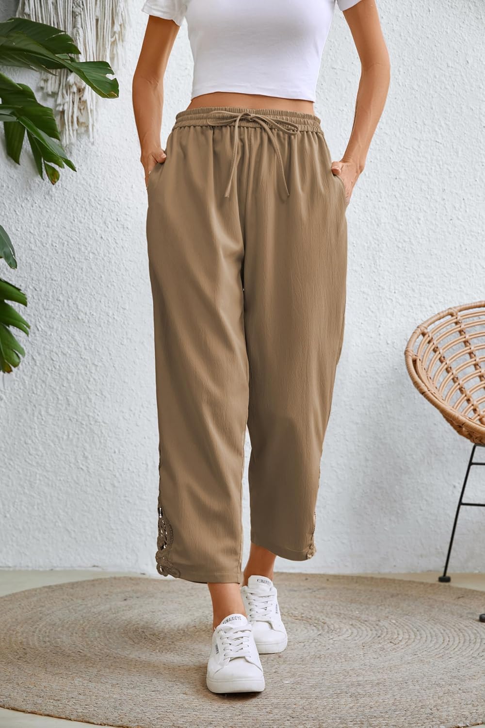 Women Fashion 2025 Casual Lightweight Drawstring Elastic Waist Pants with Pockets - Image 3