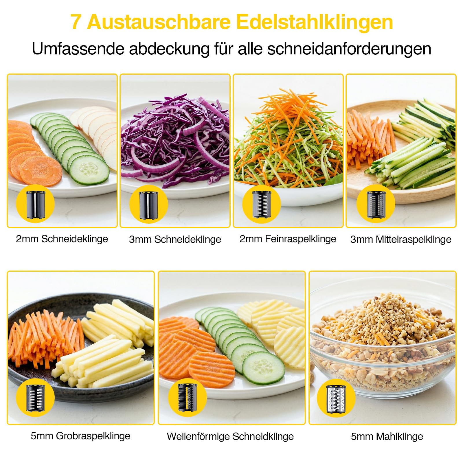 Gemüseschneider Elektrisch, Elektrische Käsereibe mit 7 Edelstahlklingen, 300W Reibe für Obst und Gemüse, zum Schneiden, Raspeln und Zerkleinern von Gemüse, für Gemüse, Obst, Nüsse & Käs