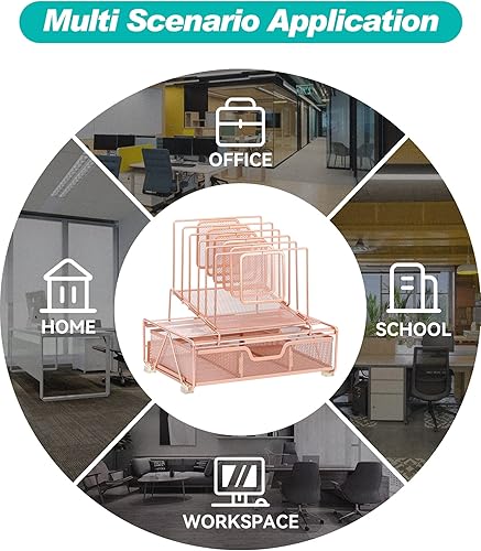 Miniatura 5 de Beiz Organizador de escritorio de oro rosa y almacenamiento de accesorios con 5 carpetas de archivos apilables, bandeja de papel, cajón, juego de 60