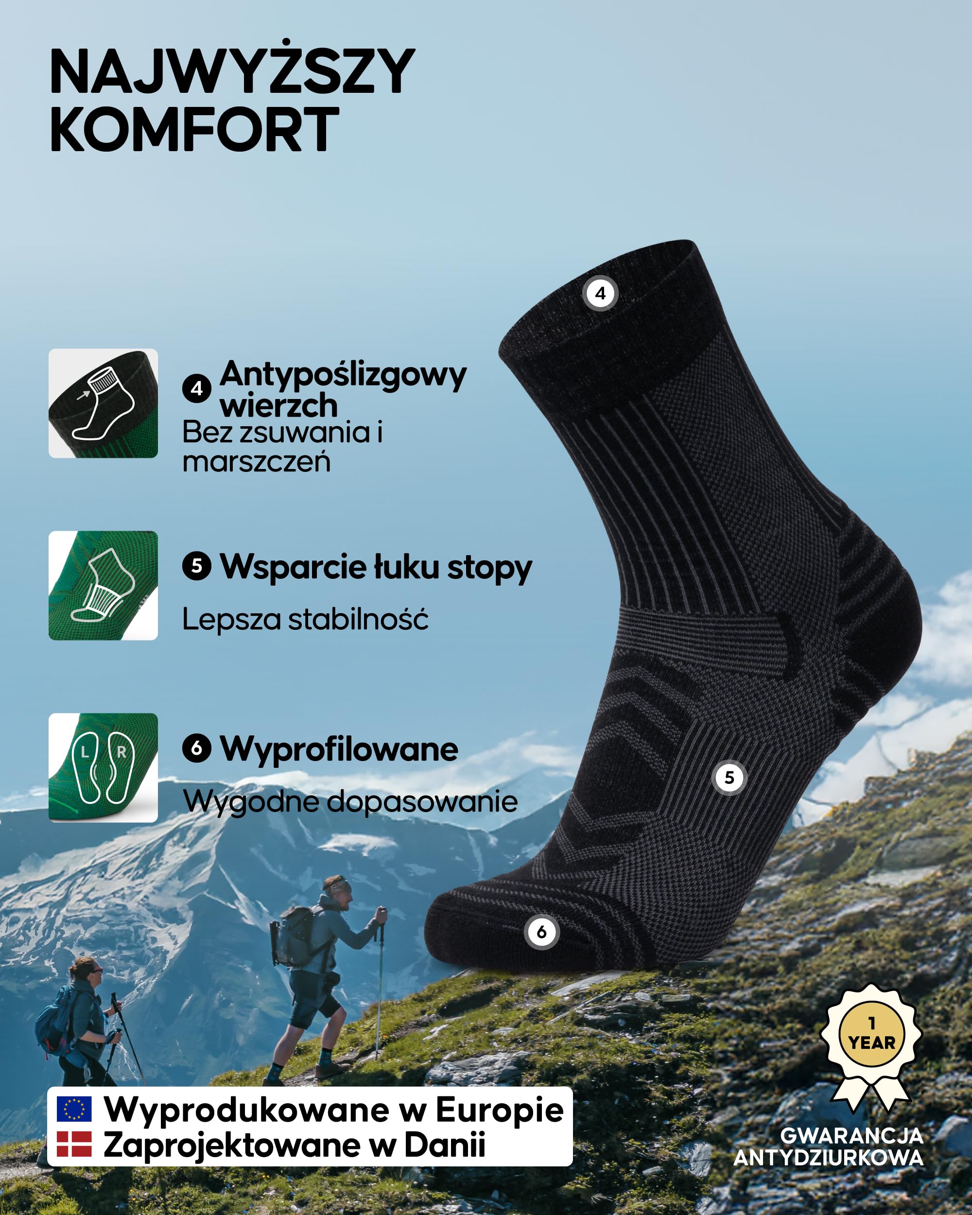 DANISH ENDURANCE Letnie Skarpety Trekkinowe z Wełny Merino, Termoaktywne, Turystyczne, Męskie, Damskie i dla Dzieci 3 lub 5 Pak