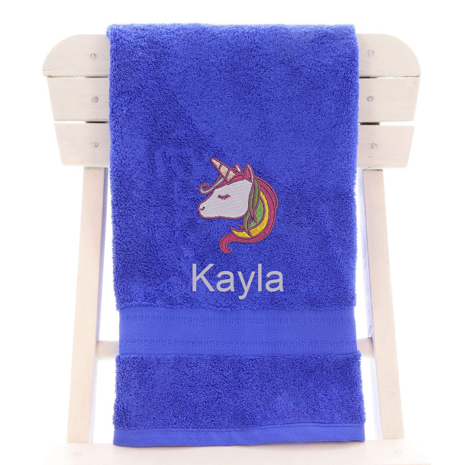 aztex Personalised Children's 100% Cotton Bath Towel with Unicorn Logo & Name, 550gsm, 70cm x 130cm - Royal Blue