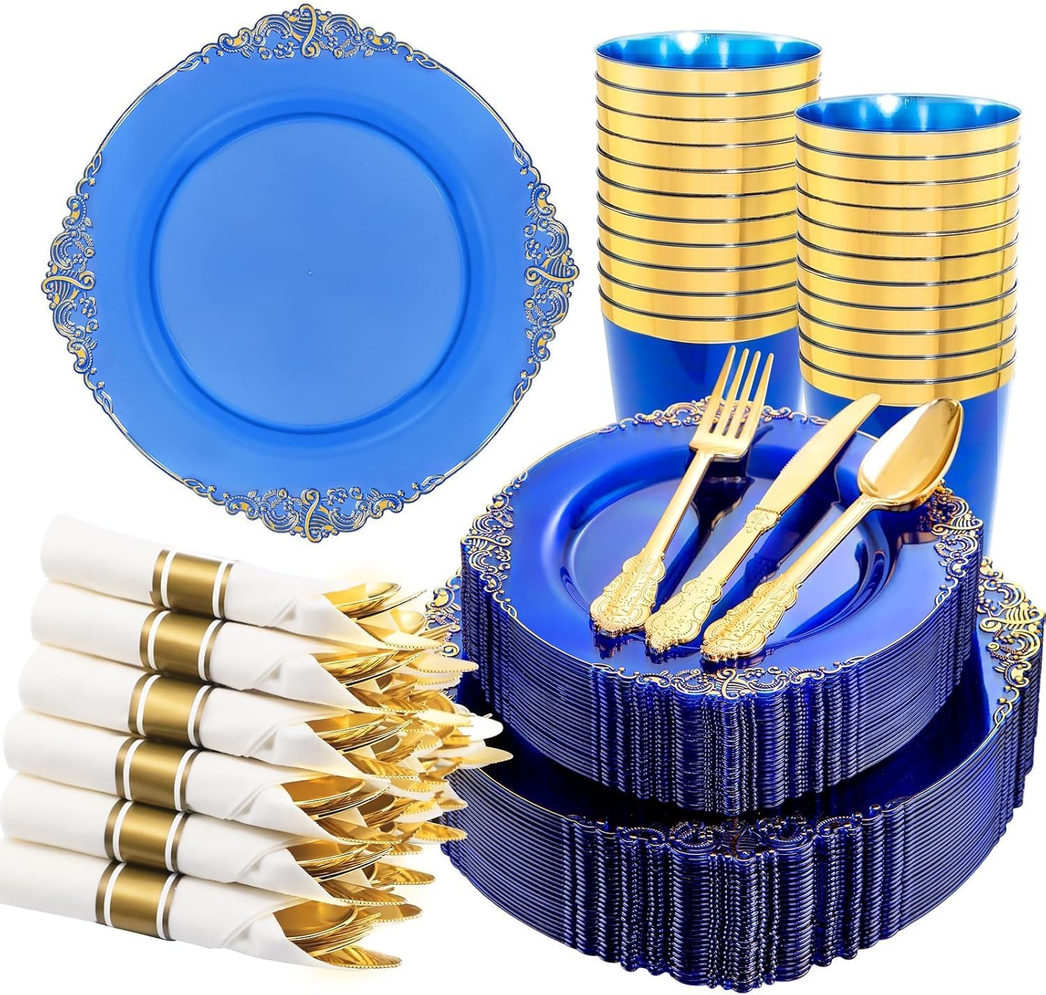 Blue & Silver Plastic Plates - 175 Piece Set -24