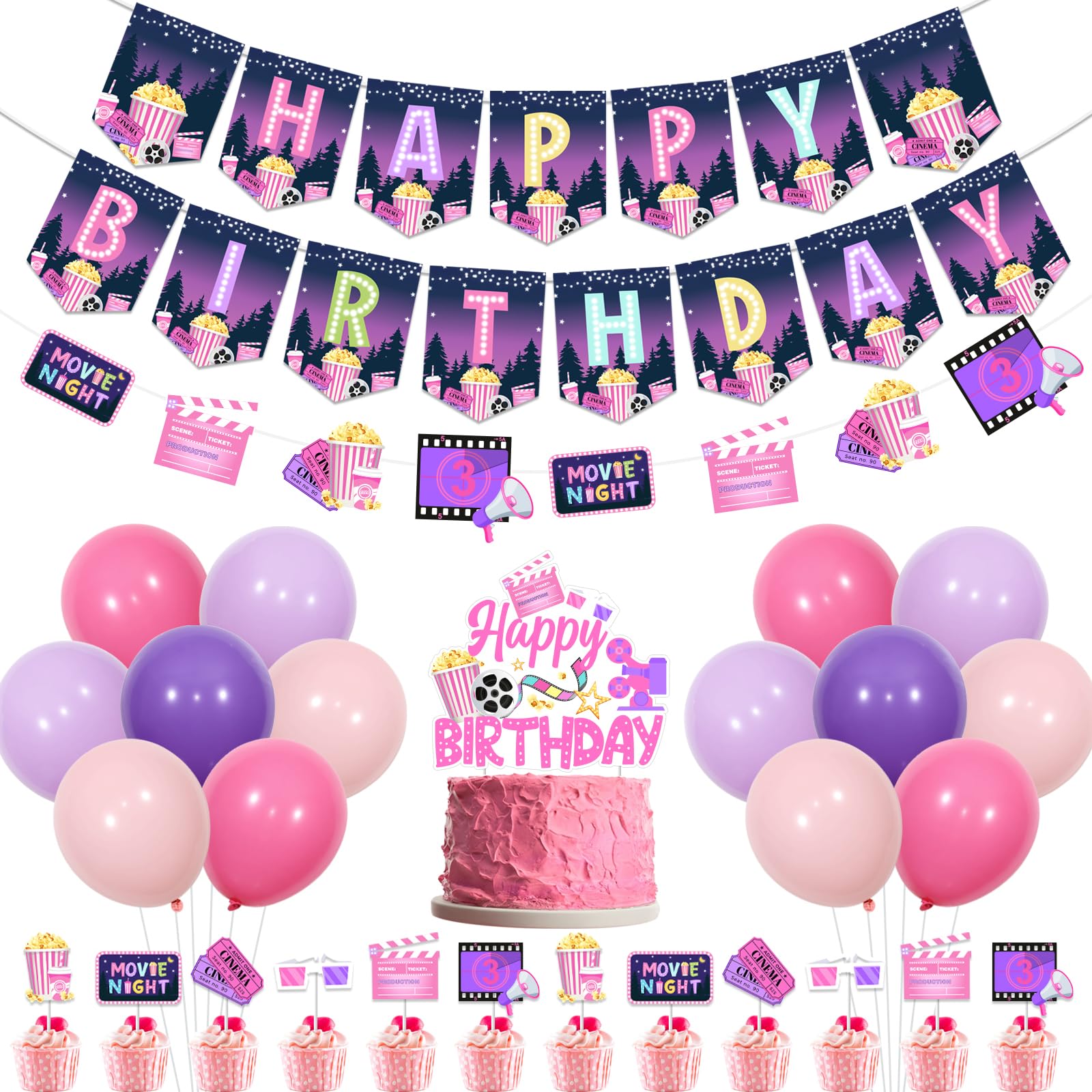kreat4joy Movie Night Party Decorations Girls, Movie Birthday Party Decorations Pink Happy Birthday Banner Garland Cupcake Cake Toppers Balloons for