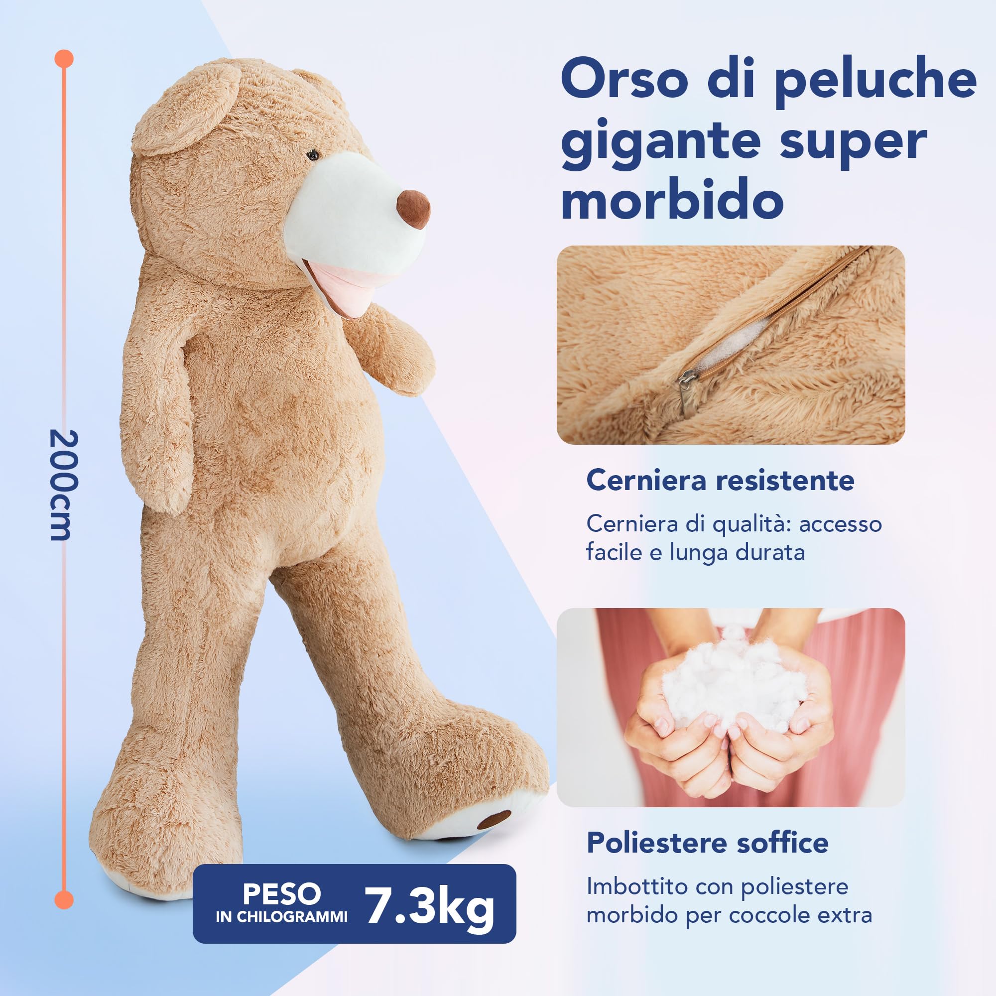 MKS Orsacchiotto XXL 200 cm – Peluche gigante morbido per bambini e adulti – Grande regalo per compleanno e San Valentino
