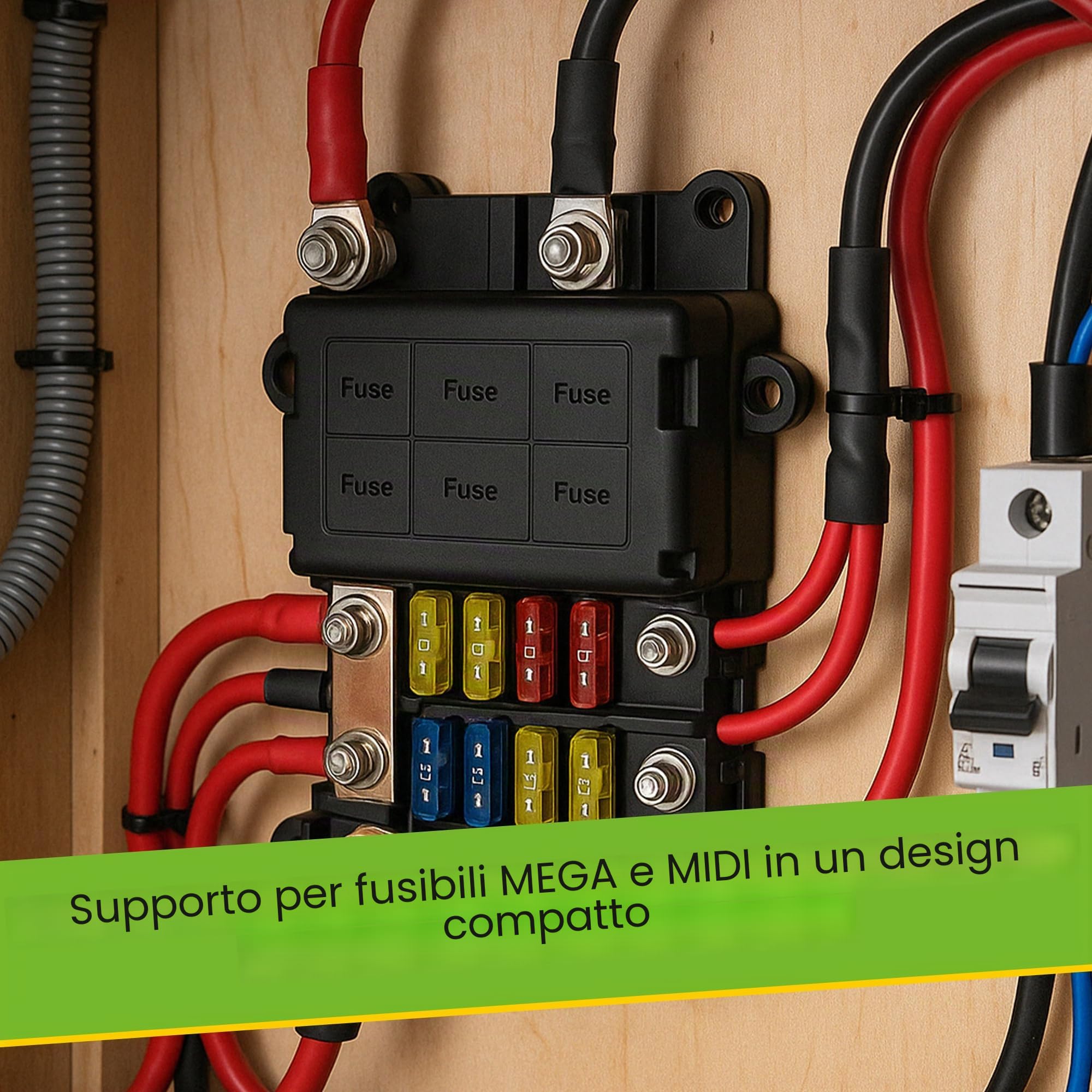 Offgridtec Portafusibili per 2 mega + 4 fusibili Midi, con busbar, alloggiamento in poliammide con coperchio, robusto fusibile di distribuzione dell'alimentazione per circuiti alti e medi