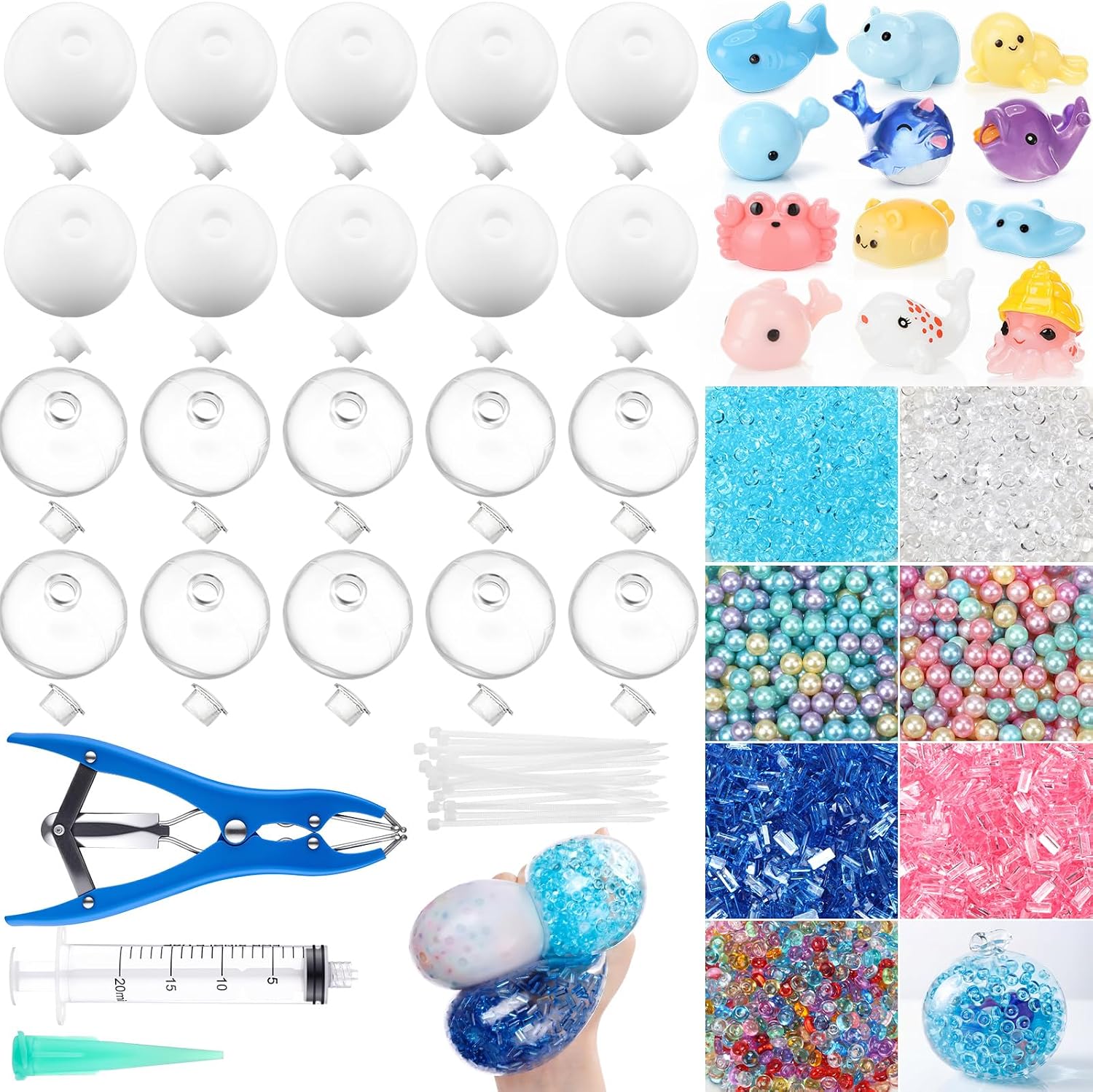 20 Set DIY Stress Ball Making Kit Empty Stress Ball DIY Kit with 10 Milky Blank Skins 10 Transparent Blank Skins Fillers Expander Tool Vacuum Evacuating Device (Cute Colors,Style C)
