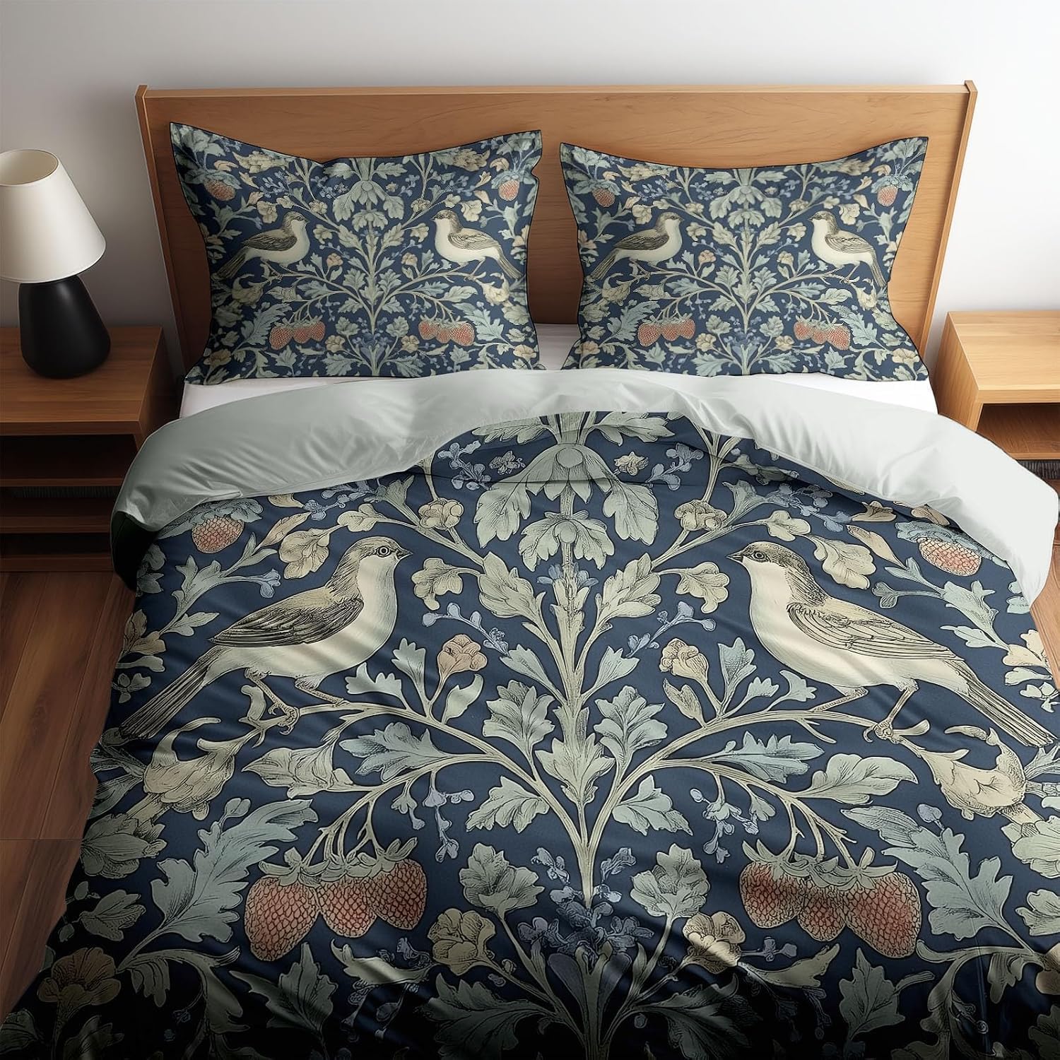 Housse de Couette Imprimée Fleurs et Oiseaux De William Morris 200x200 cm, Parure de Lit Plants De Fraisiers pour Ado Adulte, Ensemble de Literie en Microfibre Douce avec 2 Taies d’Oreiller d-1049