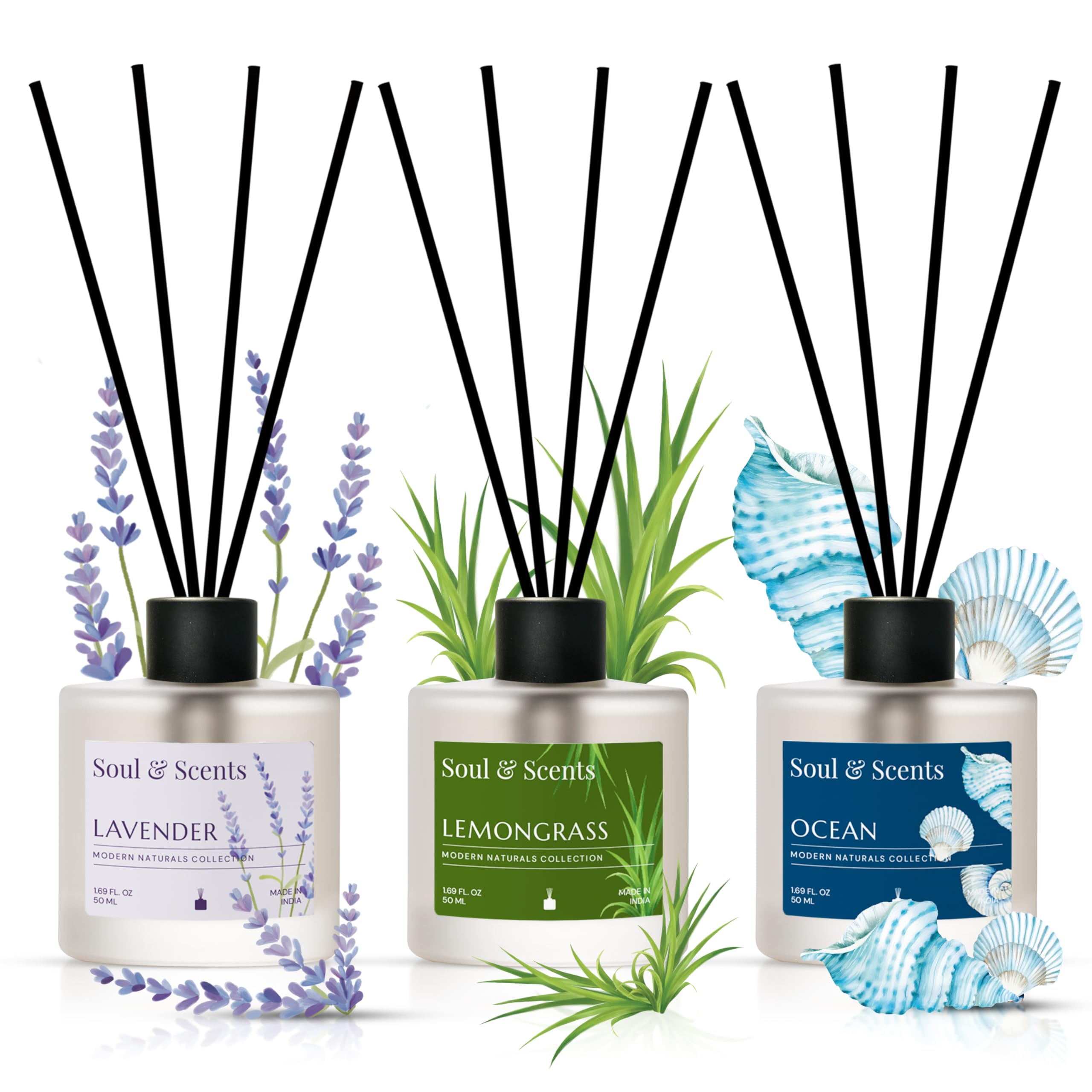 Soul & Scents Lavender, Lemongrass and Ocean Reed Diffuser Set - 50ml with Free 15 Rattan Reed Sticks | Toxin Free & Stress Relief | Room Freshener for Home, Bedroom & Office | Combo Pack of 3