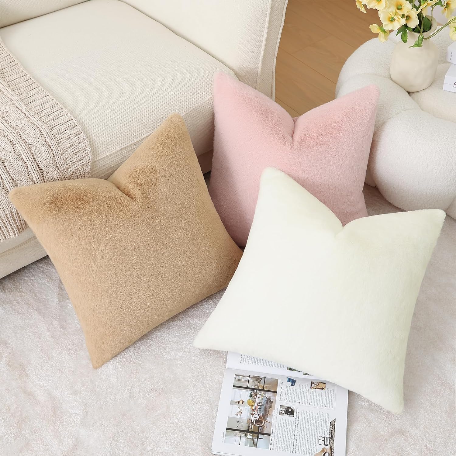 Pallene Faux Fur Plush Throw Pillow Covers 26x26 Set of 2, Luxury Soft Fluffy Cozy Decorative Pillow Covers for Sofa, Couch, Living Room, Blush Pink