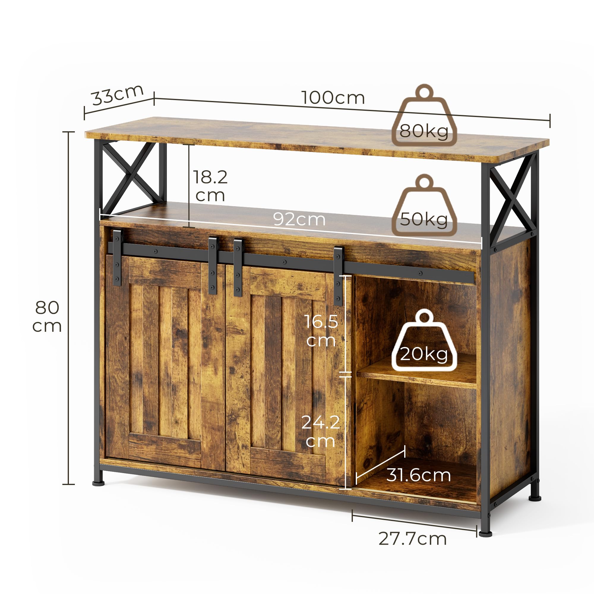 Buffet de Salon Style Campagnard, avec 2 Portes Coulissantes, Étagères Réglables, Meuble de Rangement en Bois, 33 x 100 x 80 cm, Rétro
