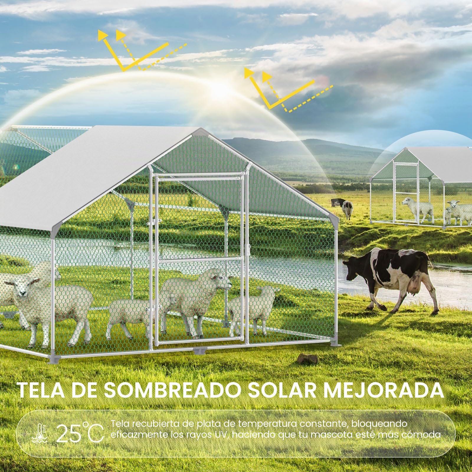 Gallinero para Exterior, Gallineros Grandes de Metal Galvanizado, Jaula para Gallinas con Candado, Gallinero Exterior con Techo de Polietileo pano ra Protección Solar, 4x3x2m