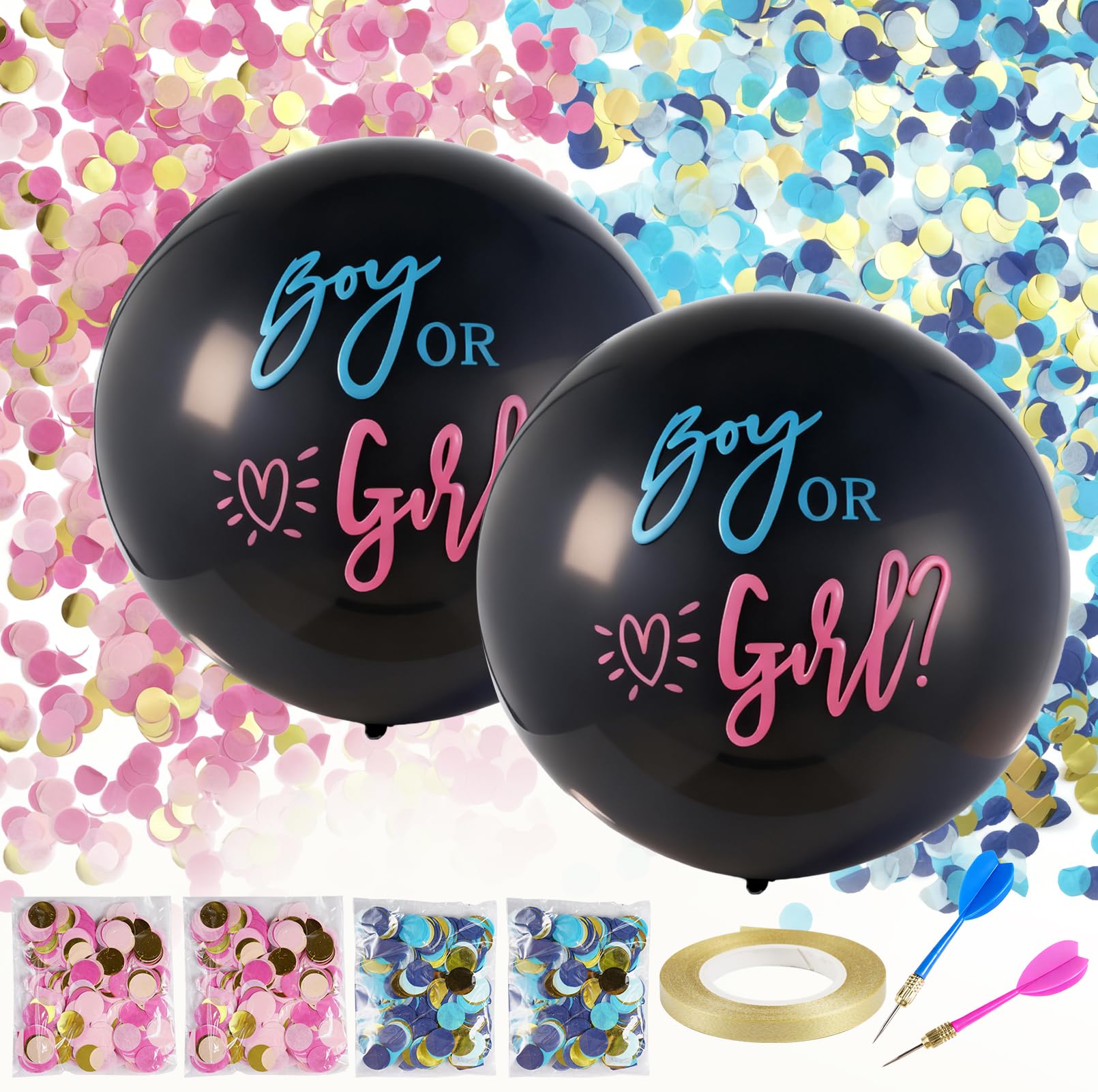 Gender Reveal Balloons Kit, 2 Pcs 36 In Large Latex Gender Reveal Balloon with Confetti Ribbons Pins Boy or Girl Party Decor Kit for Baby Girl Boy Ideas Baby Shower Party Decorations