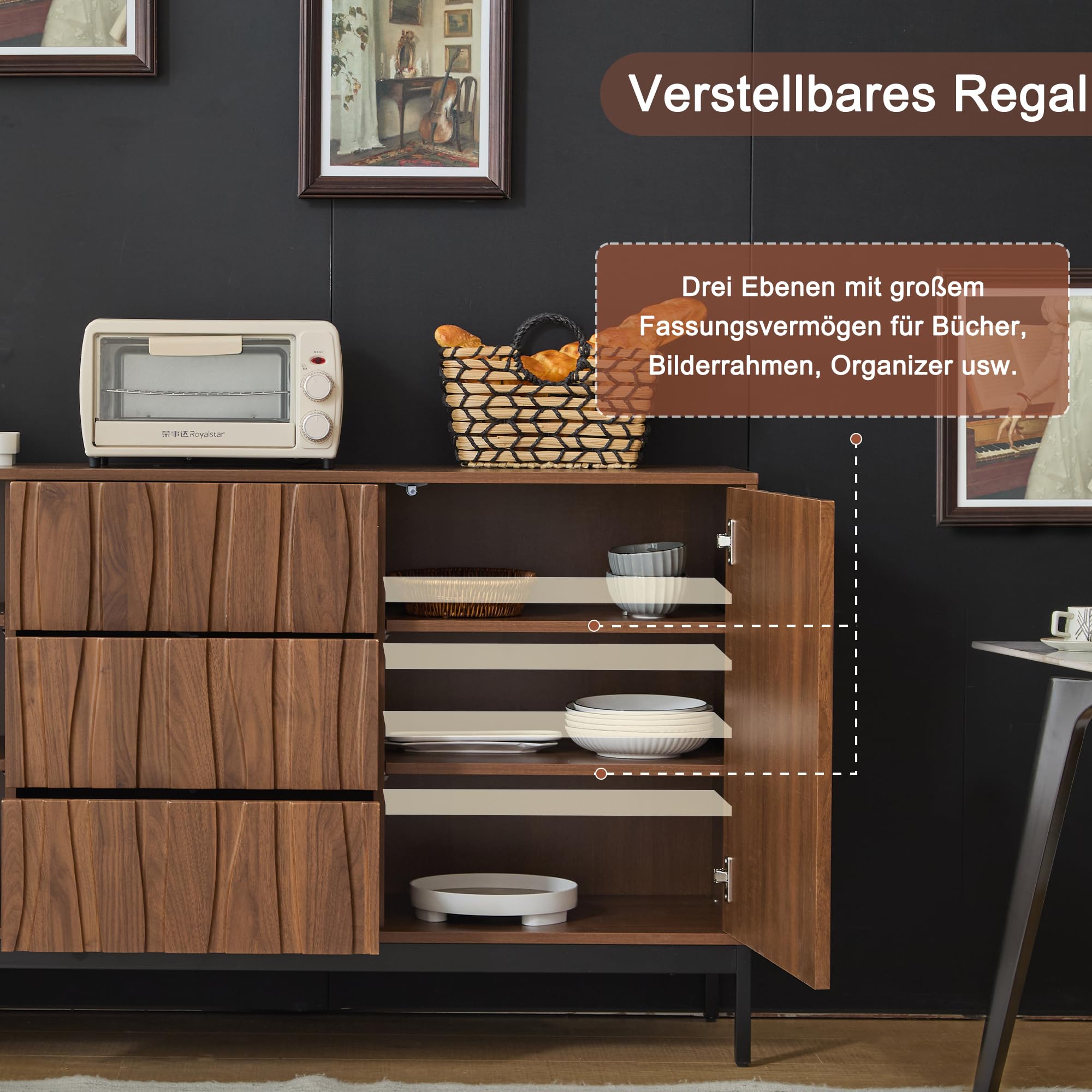 Sideboard 150cm Eiche dunkel gemasert, 3 Schubladen, großes Sideboard, Küchenschrank, Einteilige Aussparung, Mid Century Modern Dekorativer Schrank für Küche, Wohnzimmer, Eingangsbereich, Flur