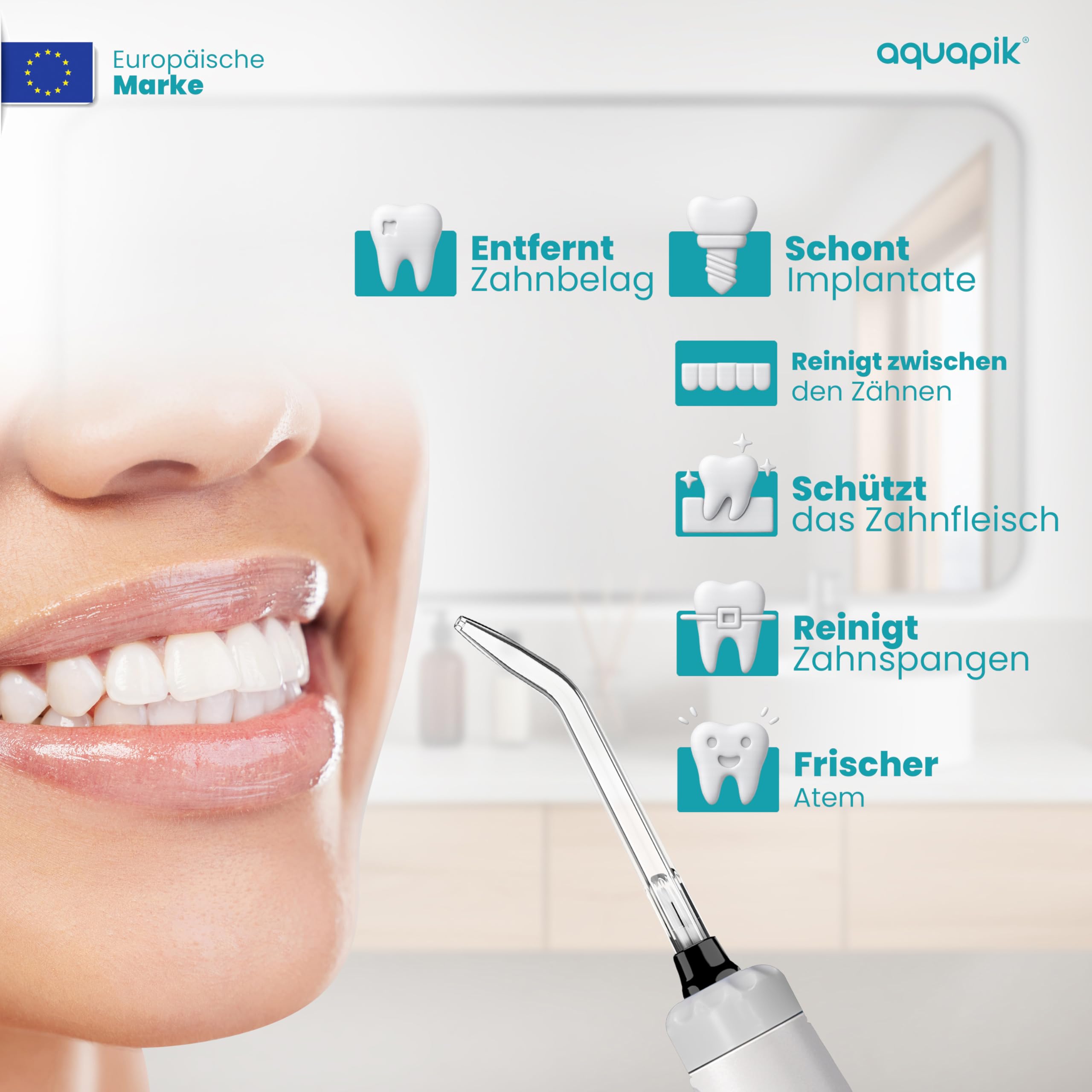 Aquapik® ADVANCED Munddusche | Ideal für Zahnspangen, Implantate und empfindliches Zahnfleisch | Aufhellungs-Kit entfernt Flecken | 10 Druckstufen | 10 Düsen | Von Zahnärzten empfohlen.