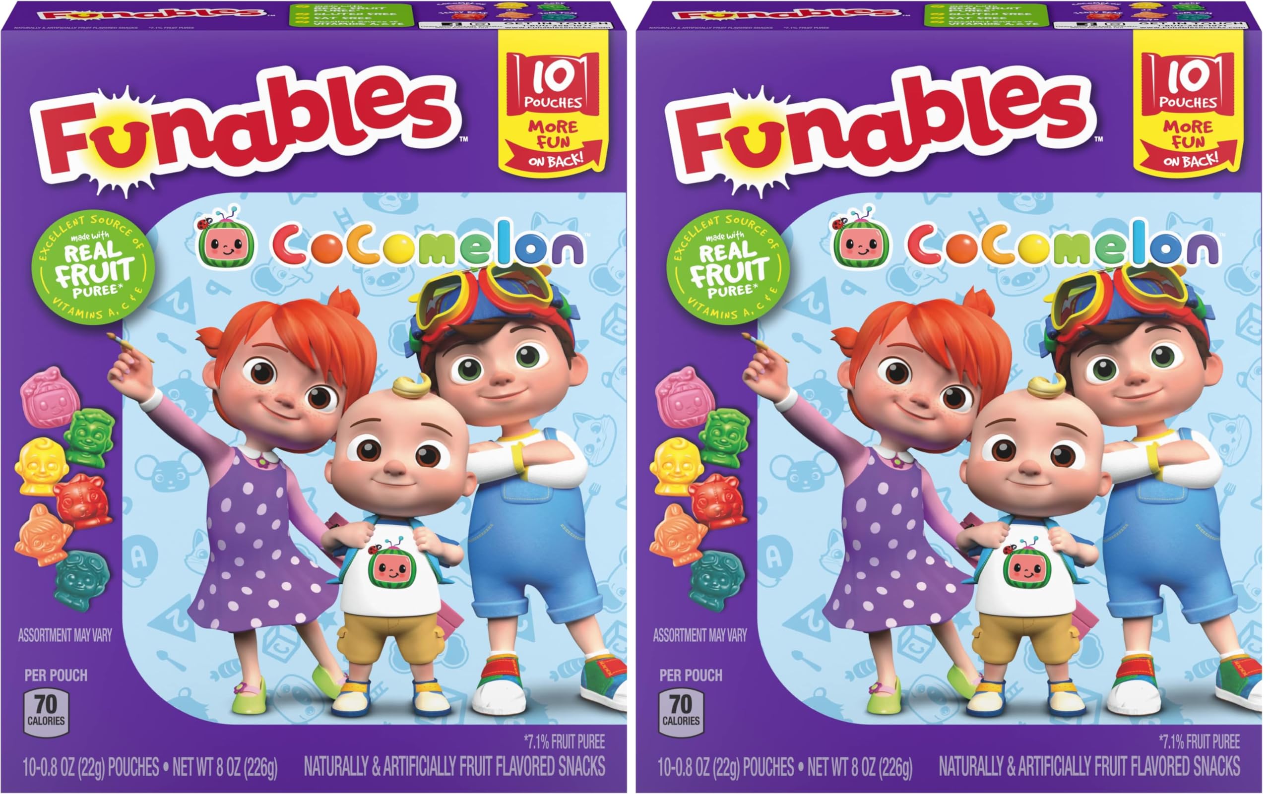 Funables Fruity Snacks, Cocomelon, Assorted Fruit Flavored Snacks, 0.8 oz 10 ct (Pack of 2)