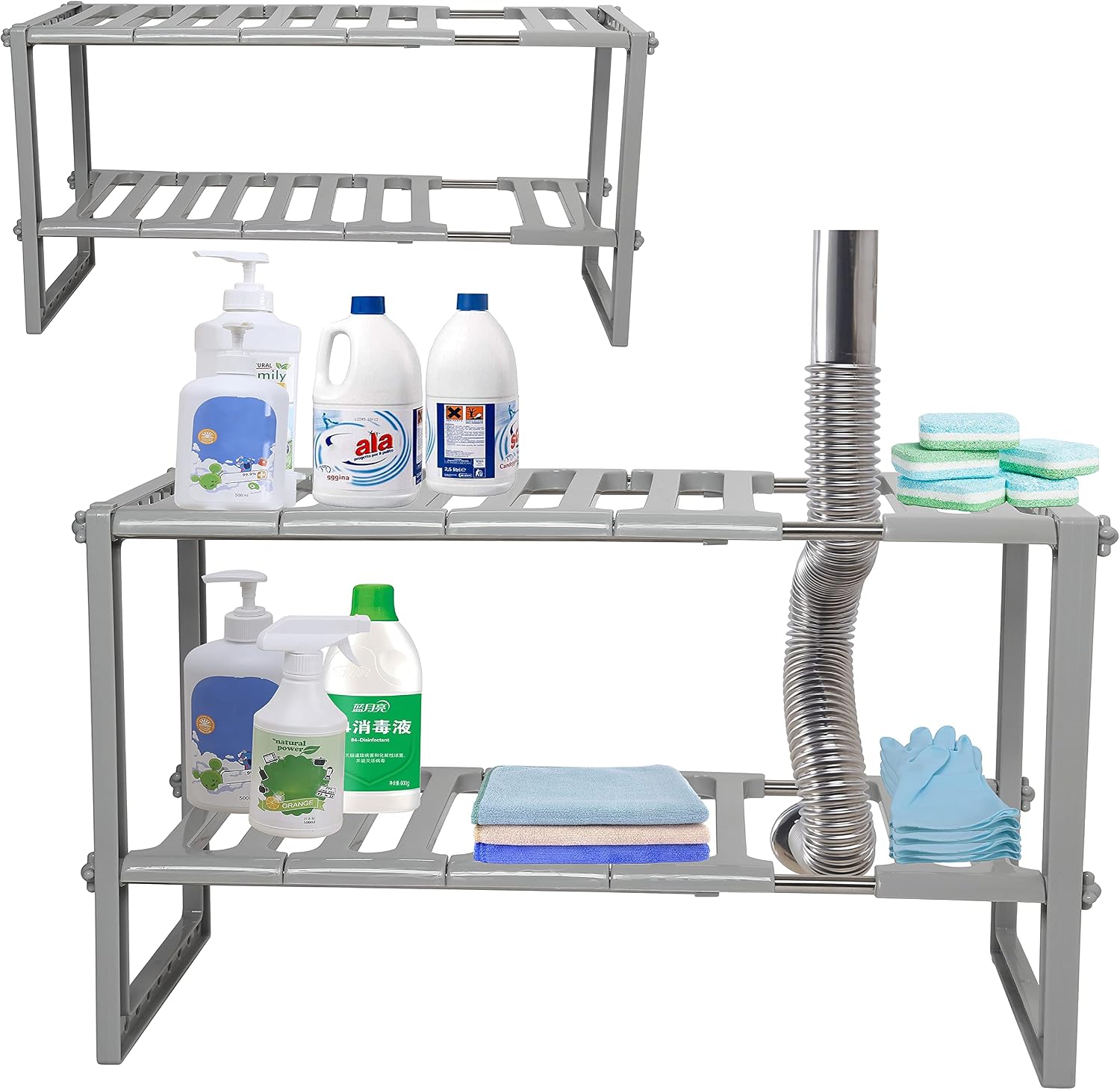 Dseap Under Sink Organizer: 2 Tier Expandable Under Sink Storage Shelf, Under The Sink Organizer Bathroom Kitchen, Grey, 2 Packs