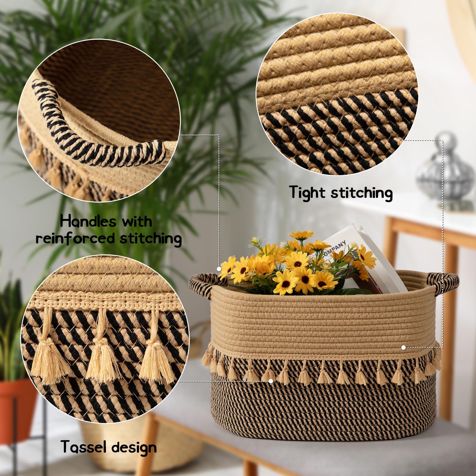 TeoKJ Lot de 3 paniers pour organisation, paniers décoratifs en corde pour le rangement, paniers de rangement pour animaux de compagnie, livres, oreillers, jouets et chiffons, noir et jute