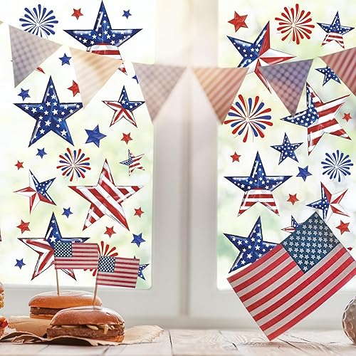 Miniatura 2 de Whaline 9 hojas patrióticas para ventanas, acuarela, estilo retro, bandera de Estados Unidos, estrellas, fuegos artificiales, decoración de ventana