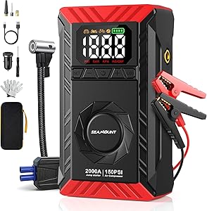 SEAMOUNT 2000A Jump Starter with Air Compressor Combo, Portable Car Battery Booster Pack for 6L Gas / 3L Diesel, 150PSI Tire Inflator, LED Emergency Light, Complete Roadside Kit